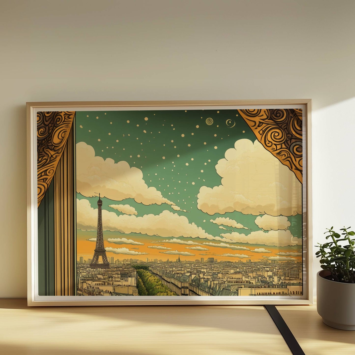 Blick aus einem kunstvoll gerahmten Fenster mit goldenen Vorhängen auf den Eiffelturm, eine Pariser Straße und einen Himmel voller Sterne und Spiralen.. Rahmen natur 70x50