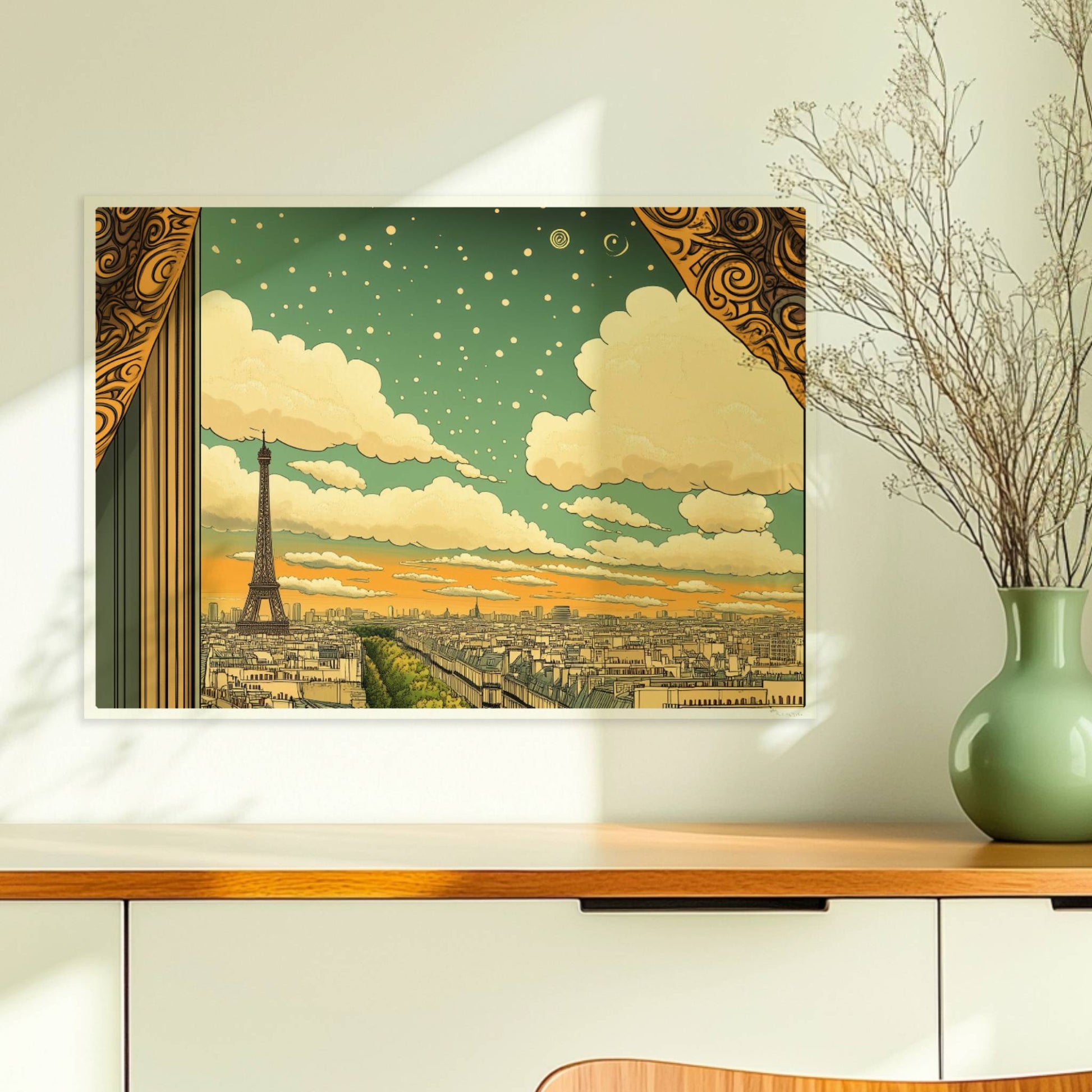 Blick aus einem kunstvoll gerahmten Fenster mit goldenen Vorhängen auf den Eiffelturm, eine Pariser Straße und einen Himmel voller Sterne und Spiralen.. Ohne Rahmen 70x50