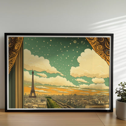 Blick aus einem kunstvoll gerahmten Fenster mit goldenen Vorhängen auf den Eiffelturm, eine Pariser Straße und einen Himmel voller Sterne und Spiralen.. Rahmen schwarz 70x50