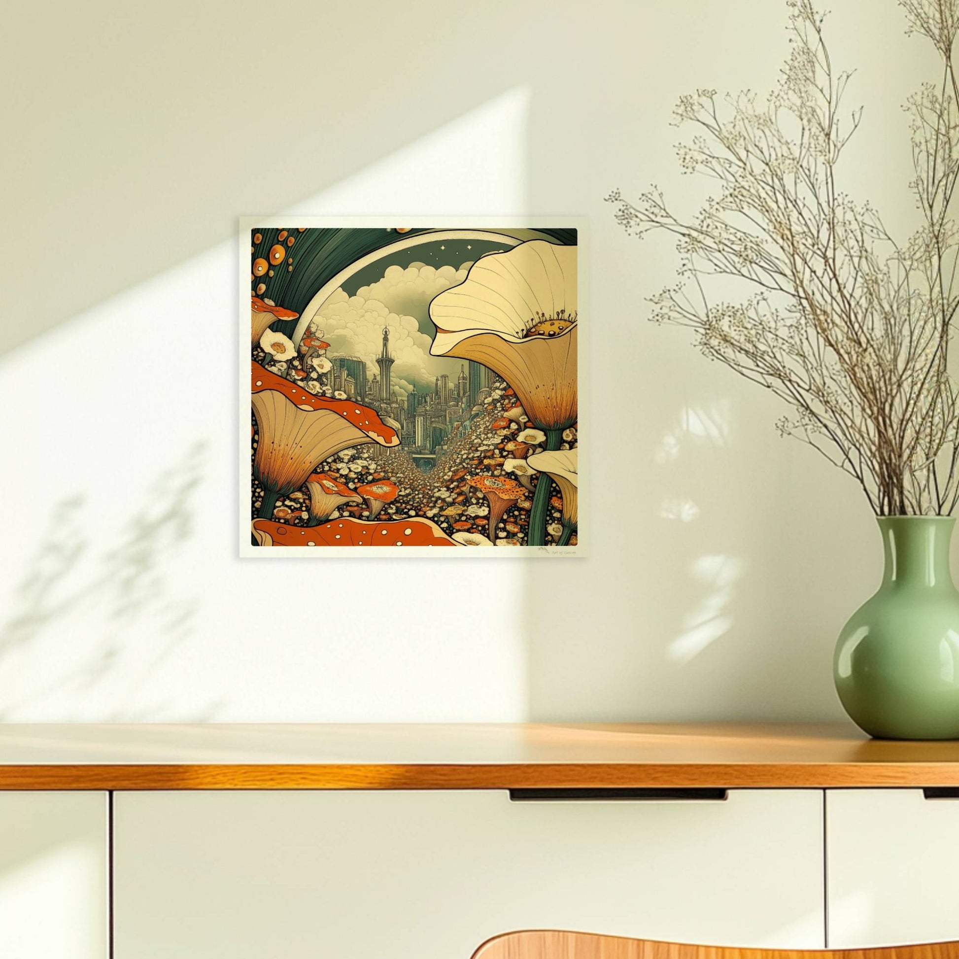 Fantasievolle Stadtansicht durch ein Blumenfeld, mit großen orange-weißen Blüten im Vordergrund und futuristischen Türmen im Hintergrund.. Ohne Rahmen 30x30
