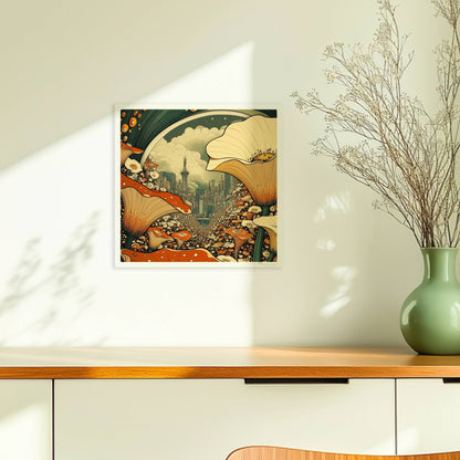Fantasievolle Stadtansicht durch ein Blumenfeld, mit großen orange-weißen Blüten im Vordergrund und futuristischen Türmen im Hintergrund.. Ohne Rahmen 30x30