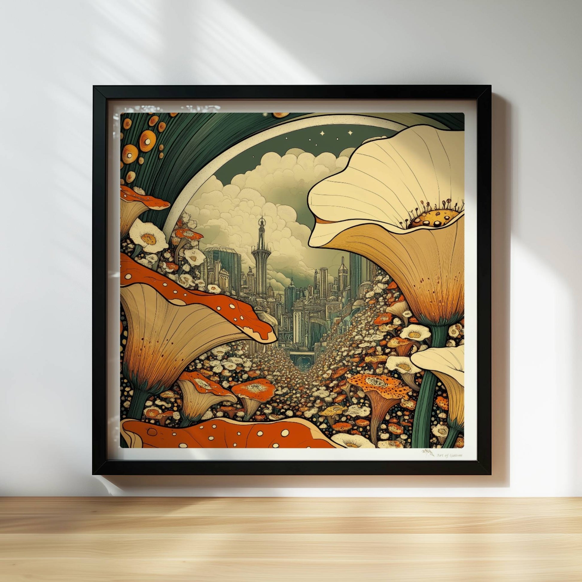 Fantasievolle Stadtansicht durch ein Blumenfeld, mit großen orange-weißen Blüten im Vordergrund und futuristischen Türmen im Hintergrund.. Rahmen schwarz 30x30