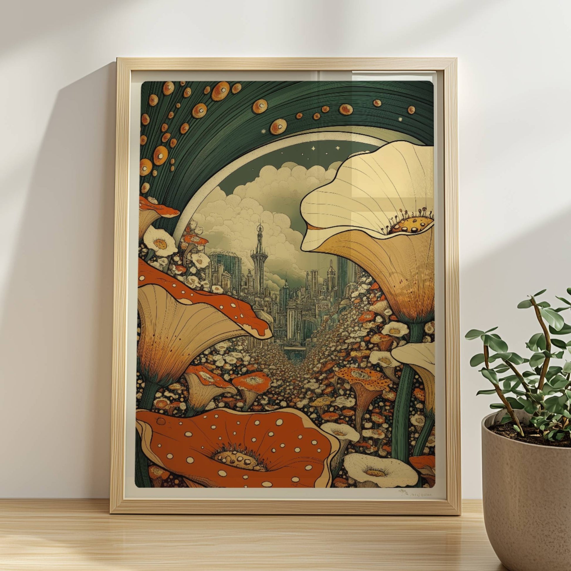Fantasievolle Stadtansicht durch ein Blumenfeld, mit großen orange-weißen Blüten im Vordergrund und futuristischen Türmen im Hintergrund.. Rahmen natur 30x40