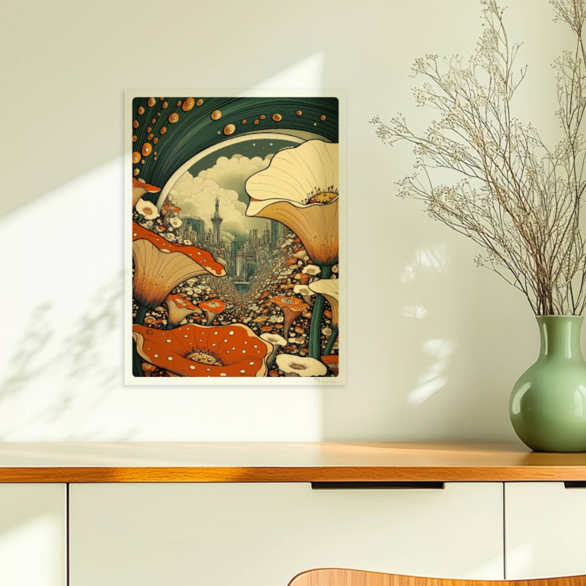 Fantasievolle Stadtansicht durch ein Blumenfeld, mit großen orange-weißen Blüten im Vordergrund und futuristischen Türmen im Hintergrund.. Ohne Rahmen 30x40