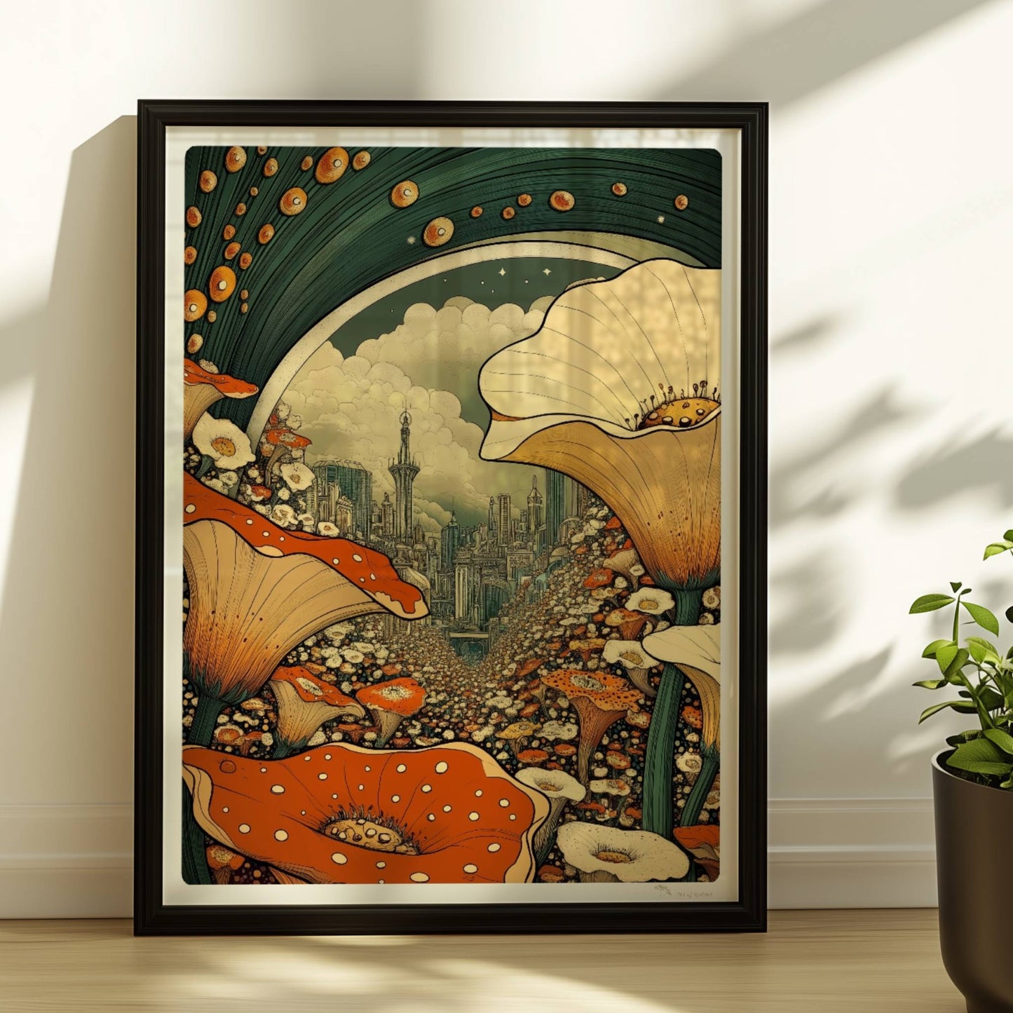 Fantasievolle Stadtansicht durch ein Blumenfeld, mit großen orange-weißen Blüten im Vordergrund und futuristischen Türmen im Hintergrund.. Rahmen schwarz 30x40