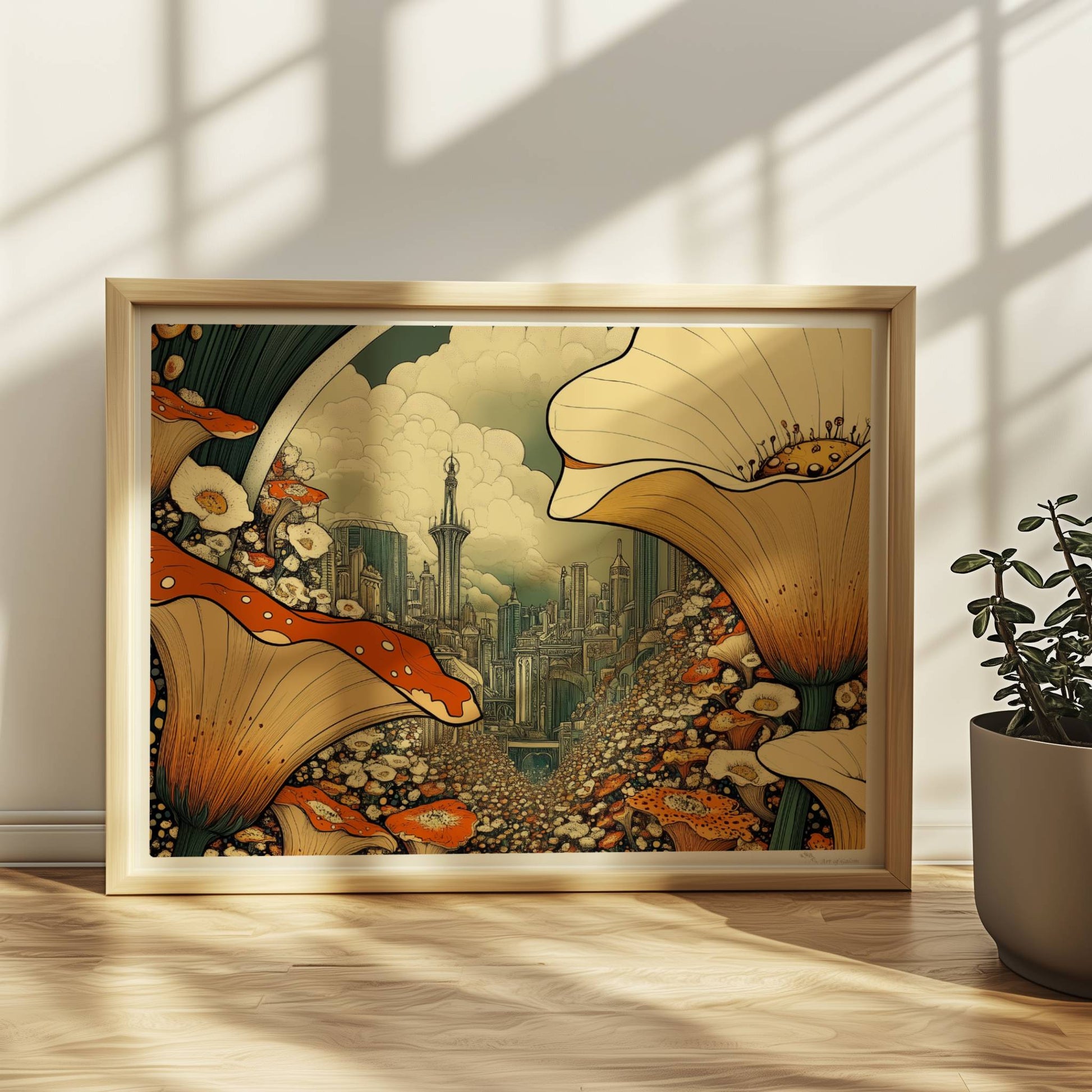Fantasievolle Stadtansicht durch ein Blumenfeld, mit großen orange-weißen Blüten im Vordergrund und futuristischen Türmen im Hintergrund.. Rahmen natur 40x30
