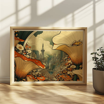 Fantasievolle Stadtansicht durch ein Blumenfeld, mit großen orange-weißen Blüten im Vordergrund und futuristischen Türmen im Hintergrund.. Rahmen natur 40x30