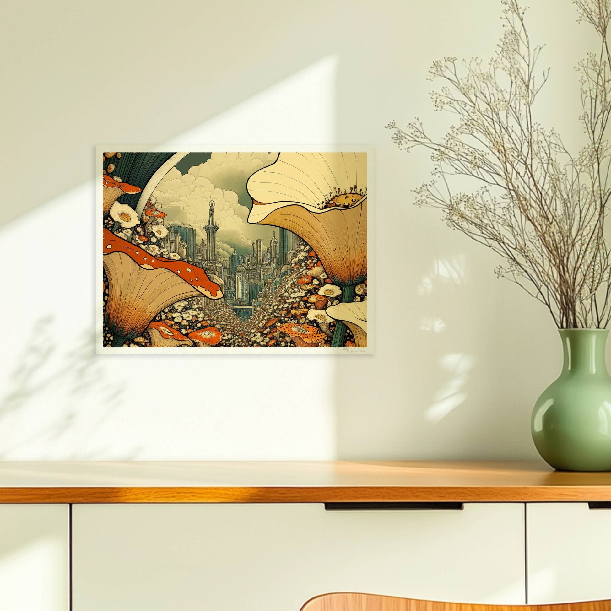 Fantasievolle Stadtansicht durch ein Blumenfeld, mit großen orange-weißen Blüten im Vordergrund und futuristischen Türmen im Hintergrund.. Ohne Rahmen 40x30