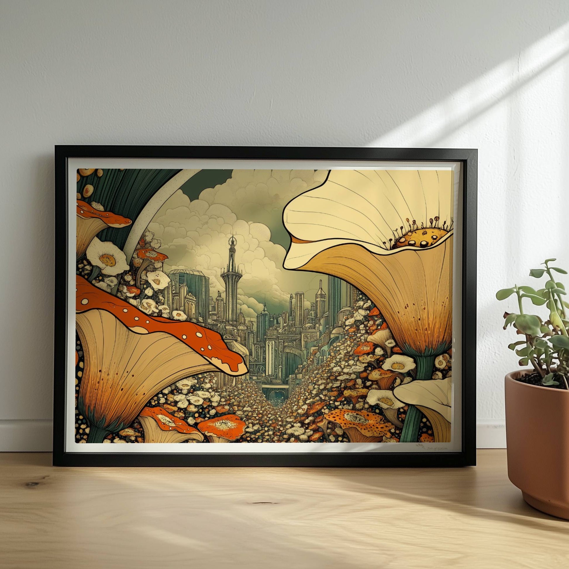 Fantasievolle Stadtansicht durch ein Blumenfeld, mit großen orange-weißen Blüten im Vordergrund und futuristischen Türmen im Hintergrund.. Rahmen schwarz 40x30
