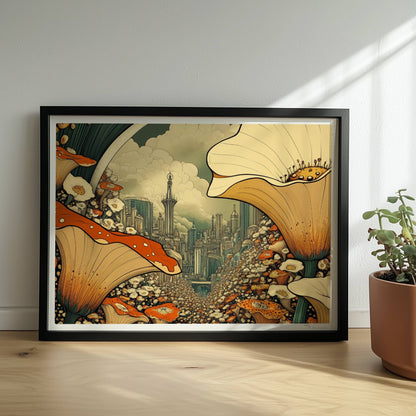 Fantasievolle Stadtansicht durch ein Blumenfeld, mit großen orange-weißen Blüten im Vordergrund und futuristischen Türmen im Hintergrund.. Rahmen schwarz 40x30