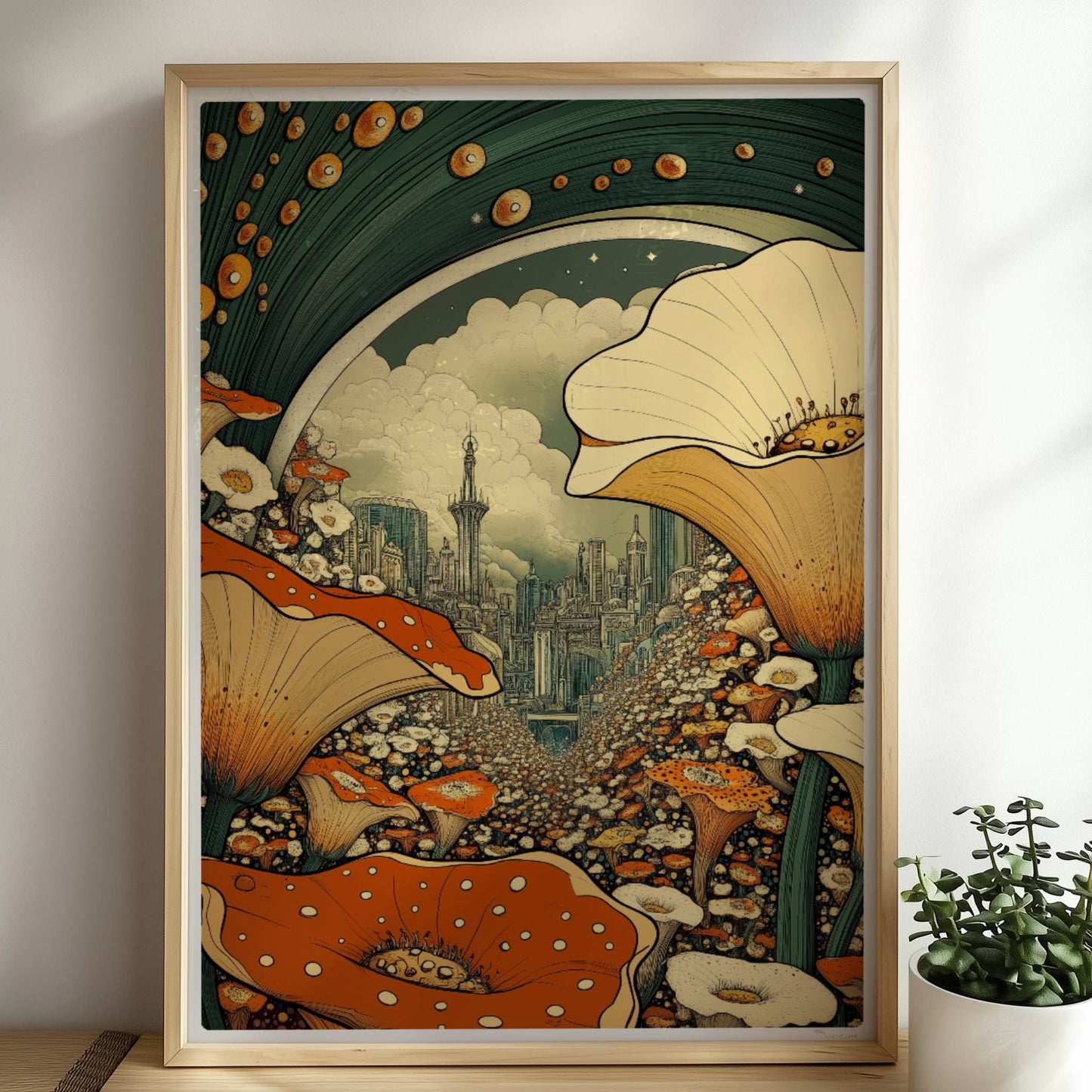 Fantasievolle Stadtansicht durch ein Blumenfeld, mit großen orange-weißen Blüten im Vordergrund und futuristischen Türmen im Hintergrund.. Rahmen natur 50x70