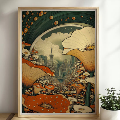Fantasievolle Stadtansicht durch ein Blumenfeld, mit großen orange-weißen Blüten im Vordergrund und futuristischen Türmen im Hintergrund.. Rahmen natur 50x70