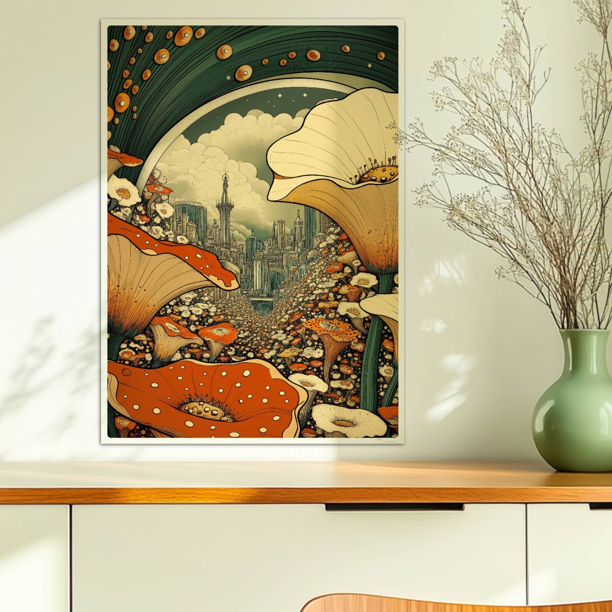 Fantasievolle Stadtansicht durch ein Blumenfeld, mit großen orange-weißen Blüten im Vordergrund und futuristischen Türmen im Hintergrund.. Ohne Rahmen 50x70