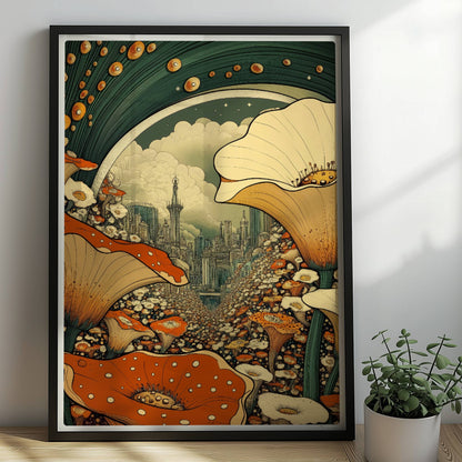 Fantasievolle Stadtansicht durch ein Blumenfeld, mit großen orange-weißen Blüten im Vordergrund und futuristischen Türmen im Hintergrund.. Rahmen schwarz 50x70