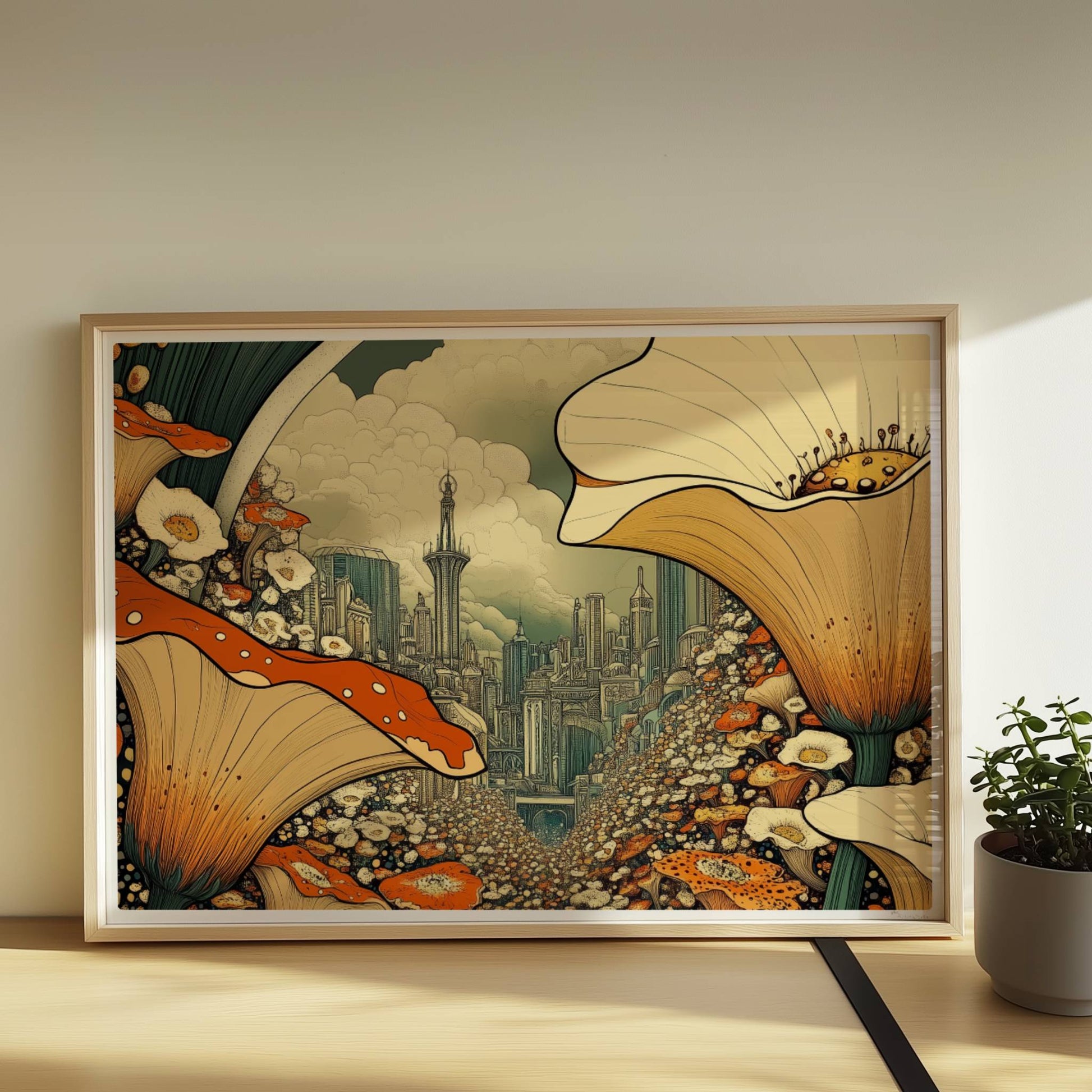 Fantasievolle Stadtansicht durch ein Blumenfeld, mit großen orange-weißen Blüten im Vordergrund und futuristischen Türmen im Hintergrund.. Rahmen natur 70x50