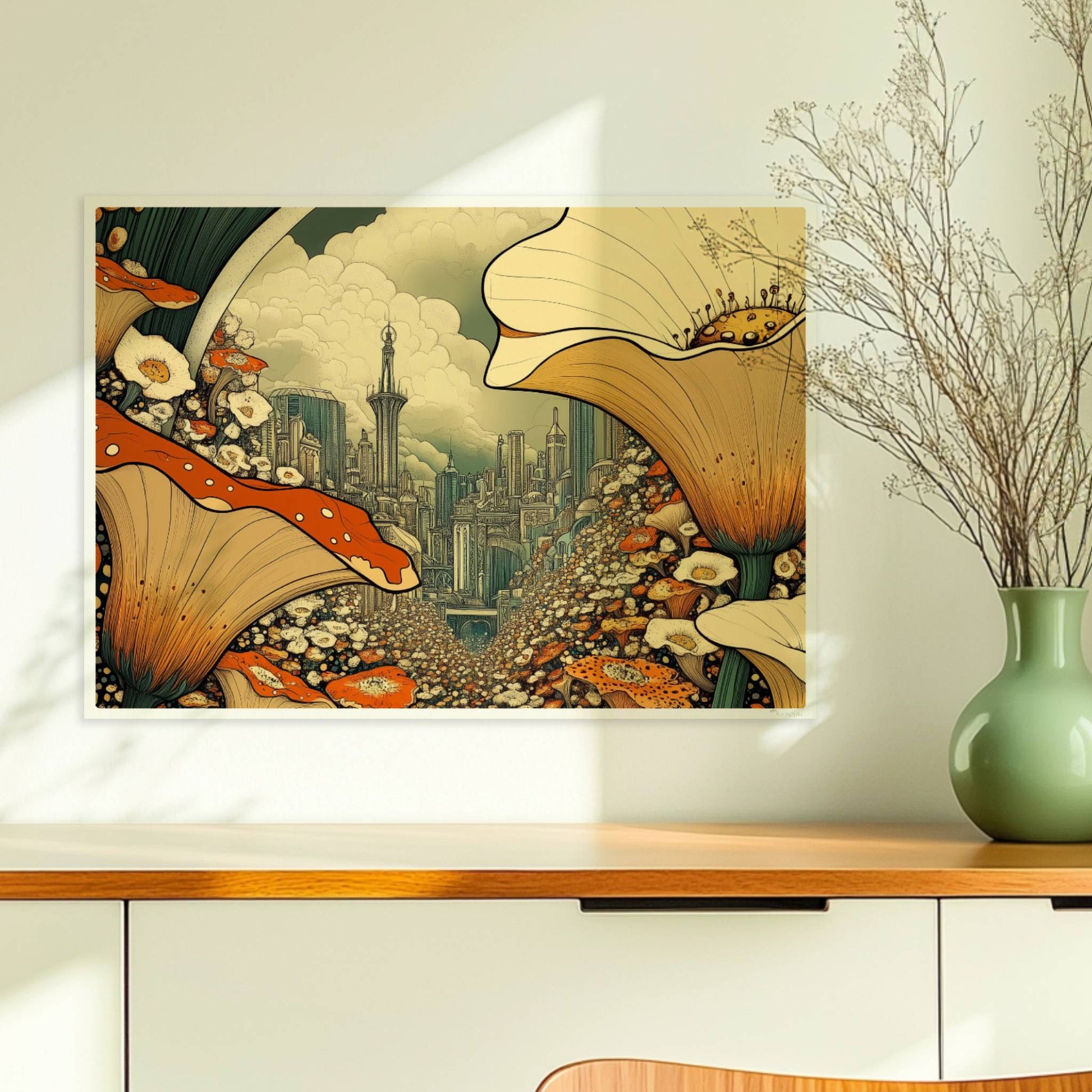Fantasievolle Stadtansicht durch ein Blumenfeld, mit großen orange-weißen Blüten im Vordergrund und futuristischen Türmen im Hintergrund.. Ohne Rahmen 70x50