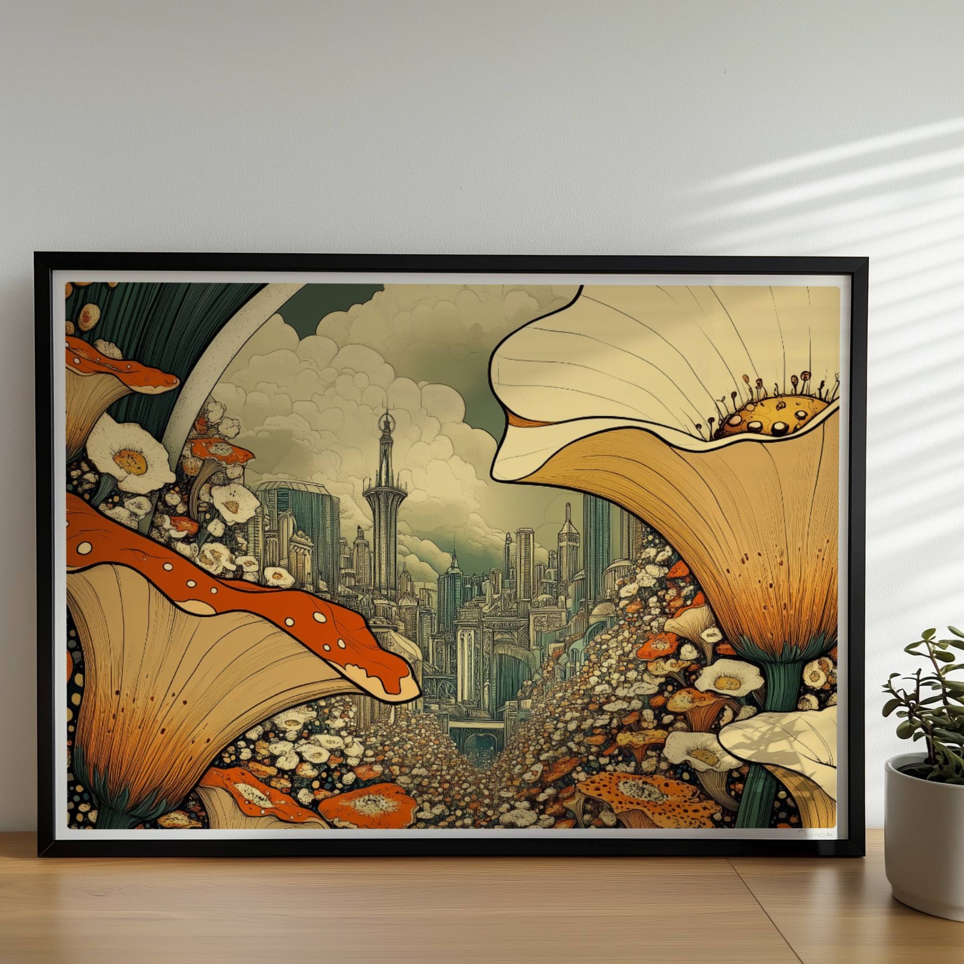 Fantasievolle Stadtansicht durch ein Blumenfeld, mit großen orange-weißen Blüten im Vordergrund und futuristischen Türmen im Hintergrund.. Rahmen schwarz 70x50