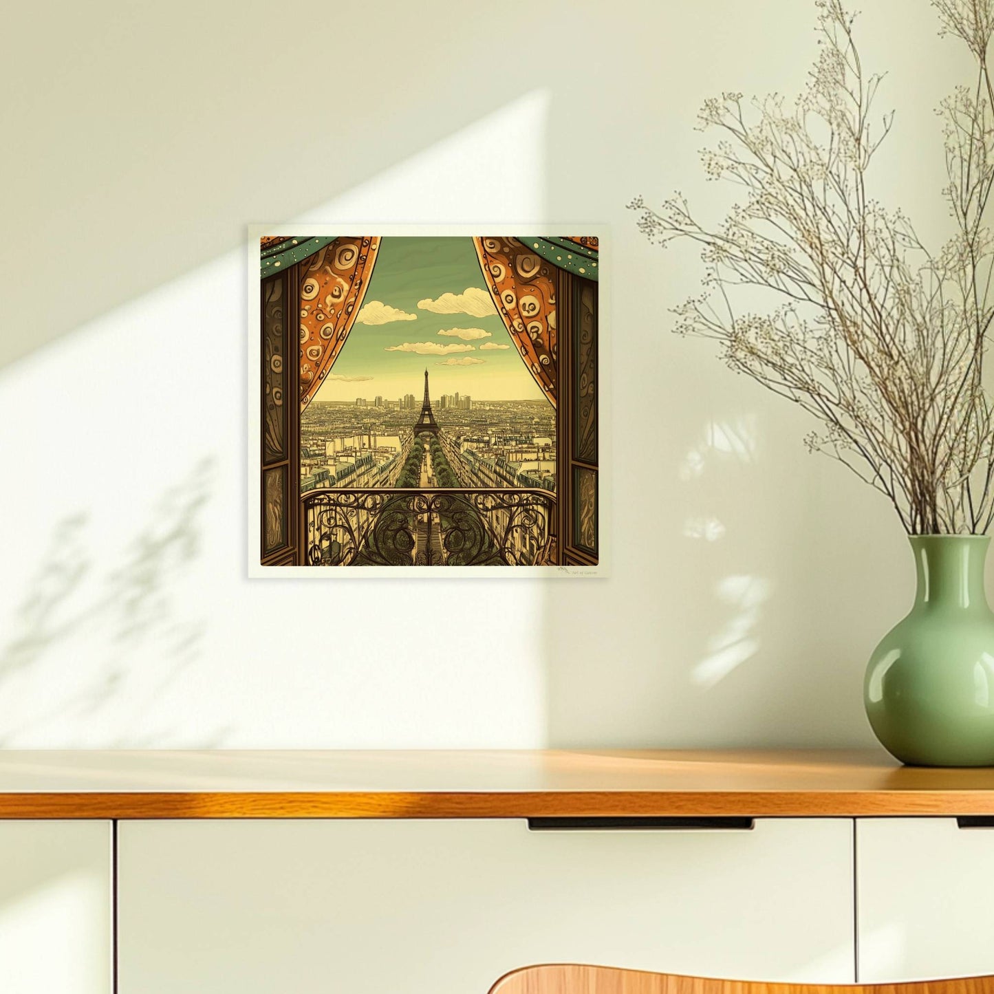 Ausblick vom Balkon mit dekorativen Vorhängen auf die Pariser Skyline und den Eiffelturm, warme Retrofarben und stilvolle Details.. Ohne Rahmen 30x30