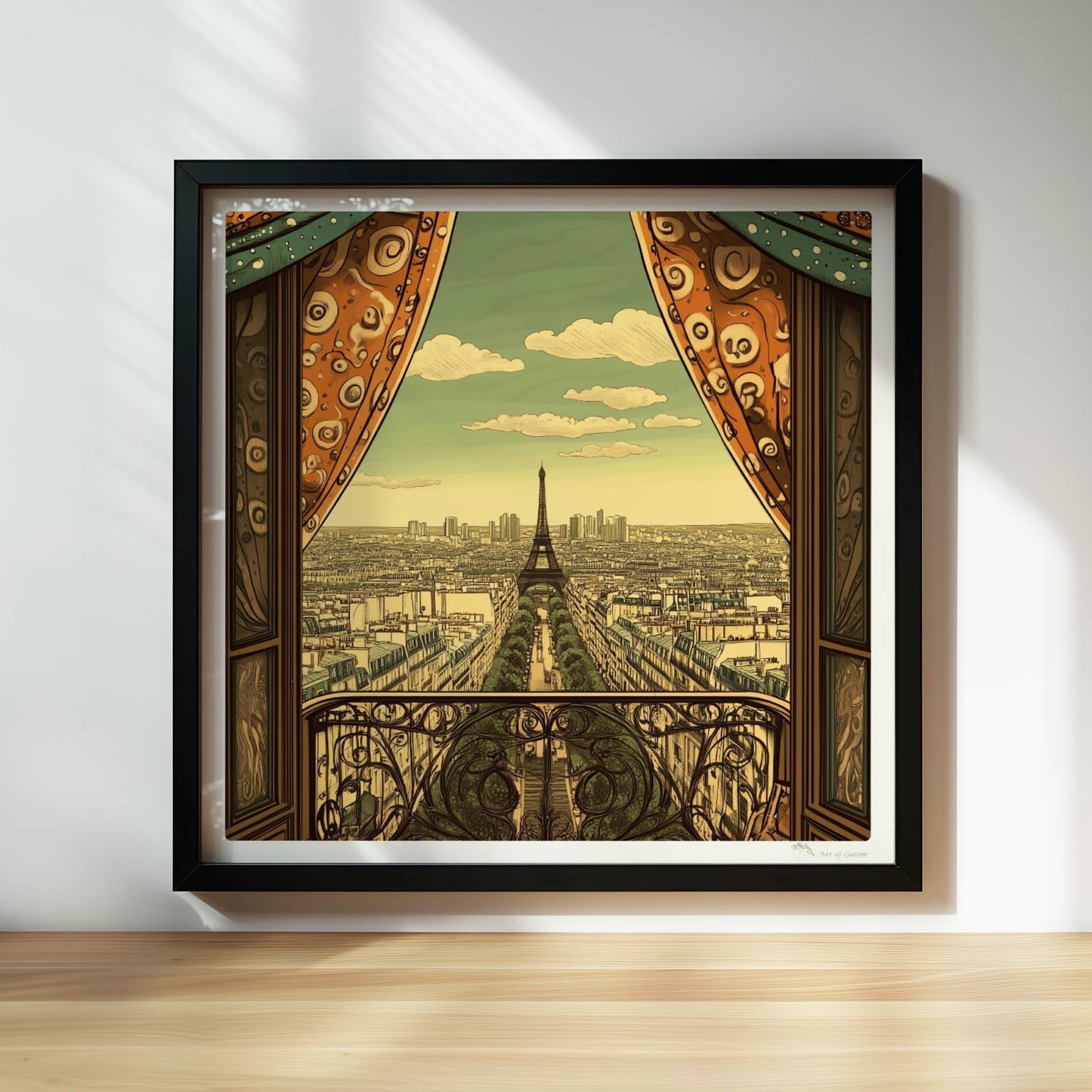 Ausblick vom Balkon mit dekorativen Vorhängen auf die Pariser Skyline und den Eiffelturm, warme Retrofarben und stilvolle Details.. Rahmen schwarz 30x30