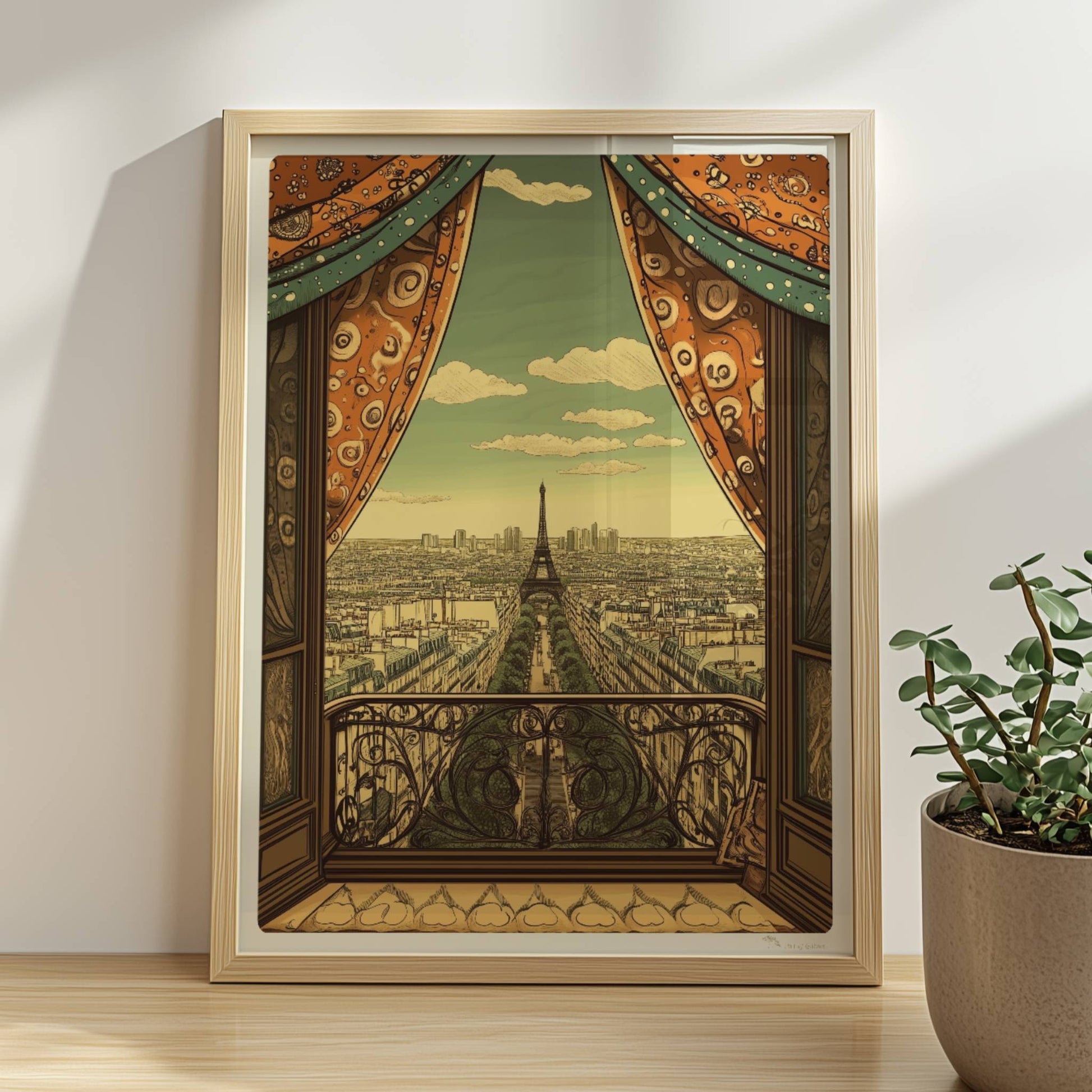 Ausblick vom Balkon mit dekorativen Vorhängen auf die Pariser Skyline und den Eiffelturm, warme Retrofarben und stilvolle Details.. Rahmen natur 30x40