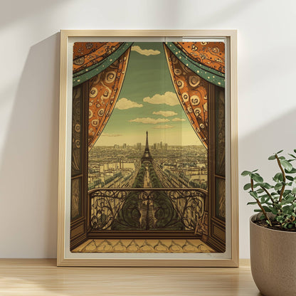 Ausblick vom Balkon mit dekorativen Vorhängen auf die Pariser Skyline und den Eiffelturm, warme Retrofarben und stilvolle Details.. Rahmen natur 30x40
