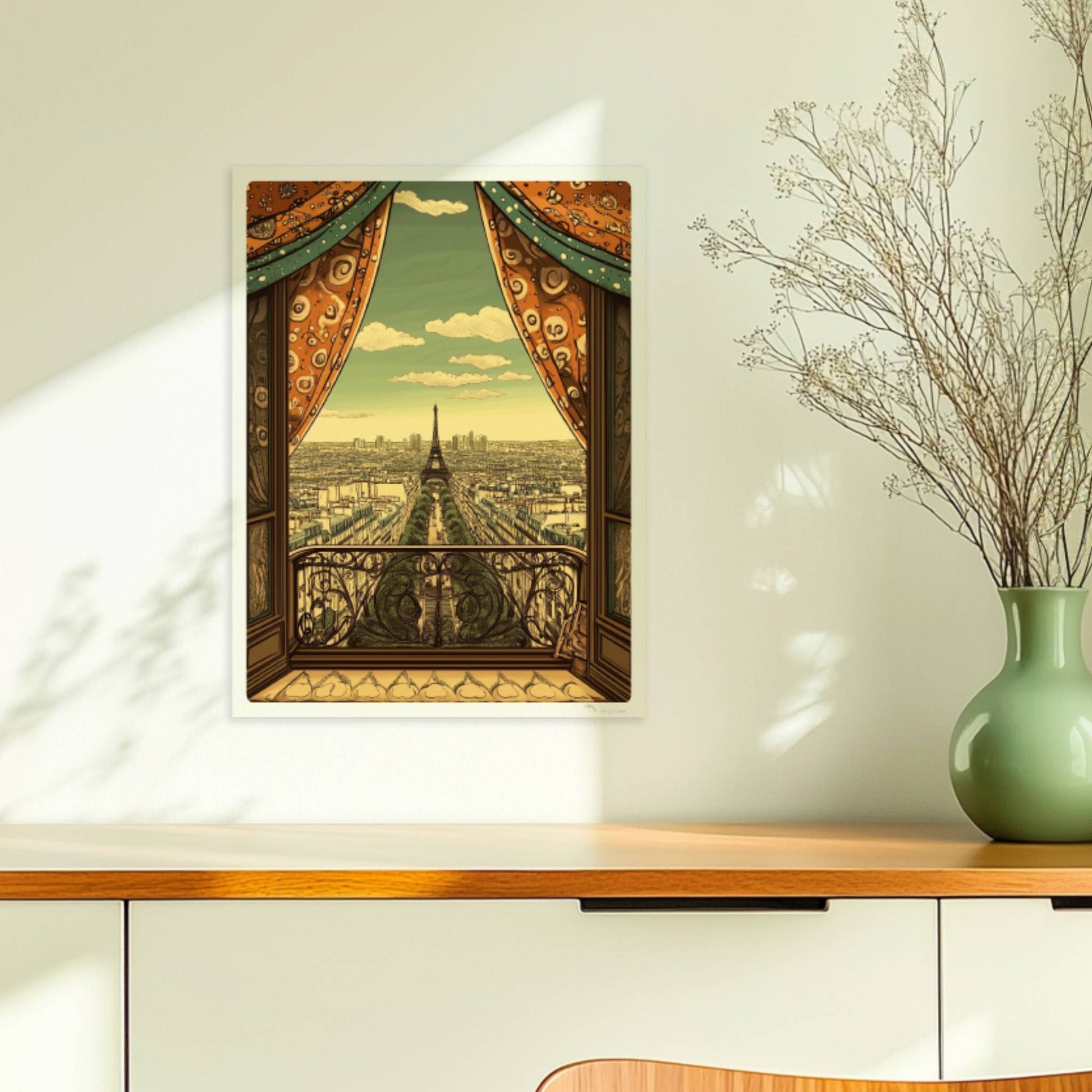 Ausblick vom Balkon mit dekorativen Vorhängen auf die Pariser Skyline und den Eiffelturm, warme Retrofarben und stilvolle Details.. Ohne Rahmen 30x40