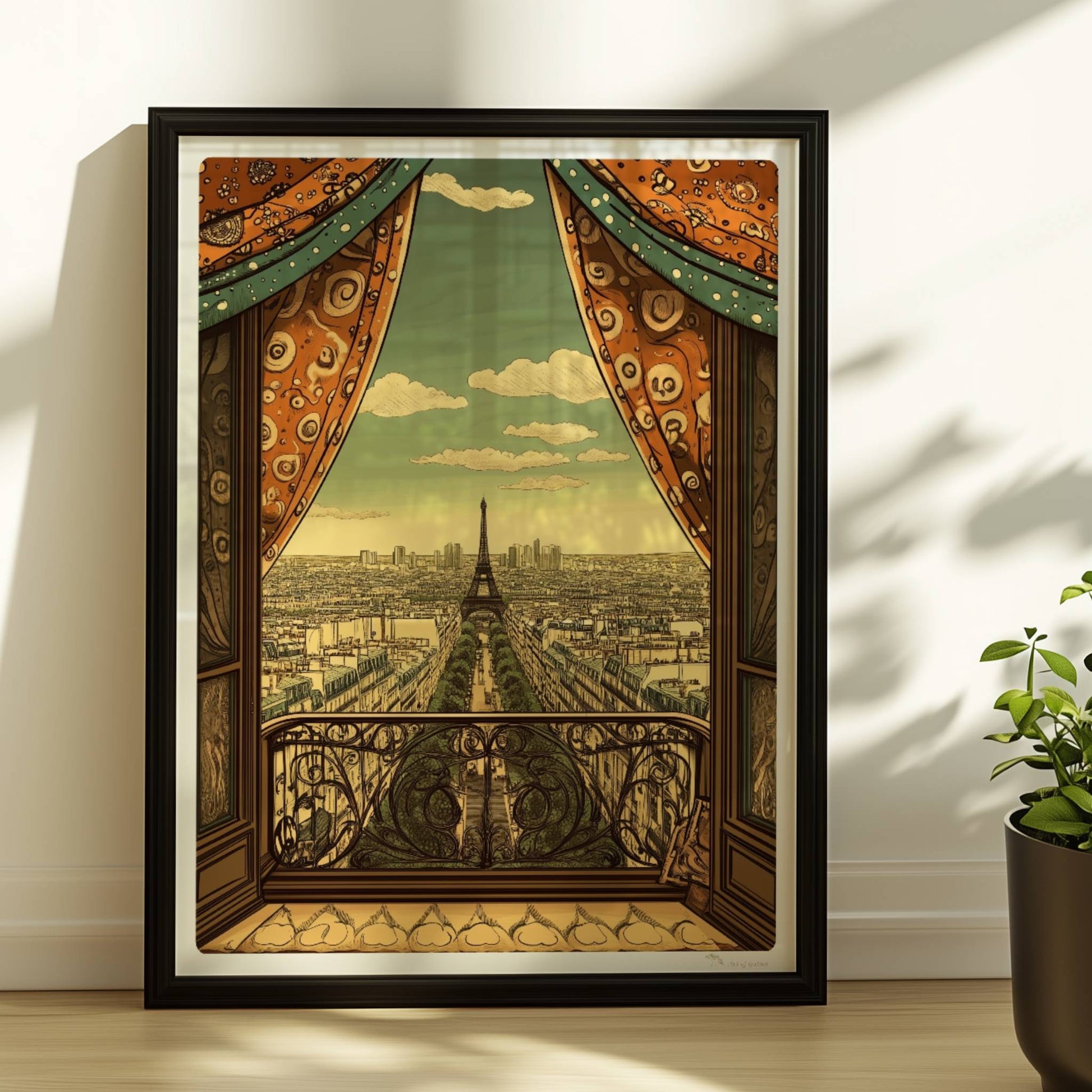 Ausblick vom Balkon mit dekorativen Vorhängen auf die Pariser Skyline und den Eiffelturm, warme Retrofarben und stilvolle Details.. Rahmen schwarz 30x40