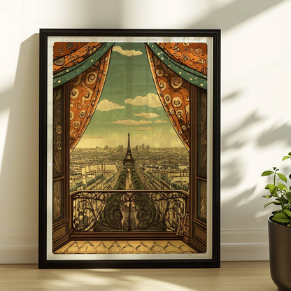 Ausblick vom Balkon mit dekorativen Vorhängen auf die Pariser Skyline und den Eiffelturm, warme Retrofarben und stilvolle Details.. Rahmen schwarz 30x40