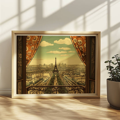 Ausblick vom Balkon mit dekorativen Vorhängen auf die Pariser Skyline und den Eiffelturm, warme Retrofarben und stilvolle Details.. Rahmen natur 40x30