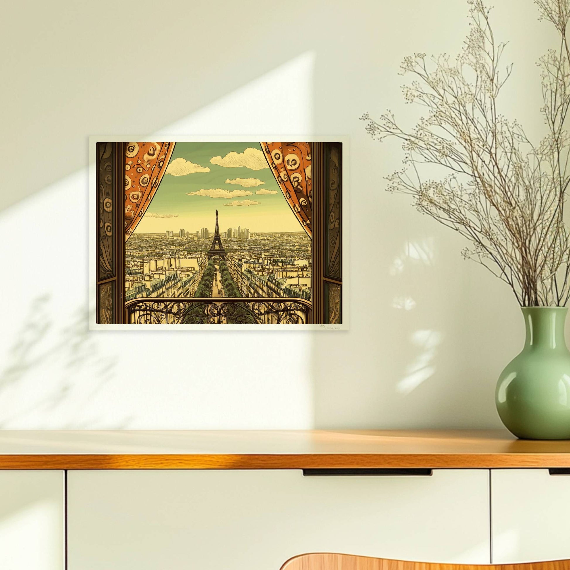 Ausblick vom Balkon mit dekorativen Vorhängen auf die Pariser Skyline und den Eiffelturm, warme Retrofarben und stilvolle Details.. Ohne Rahmen 40x30