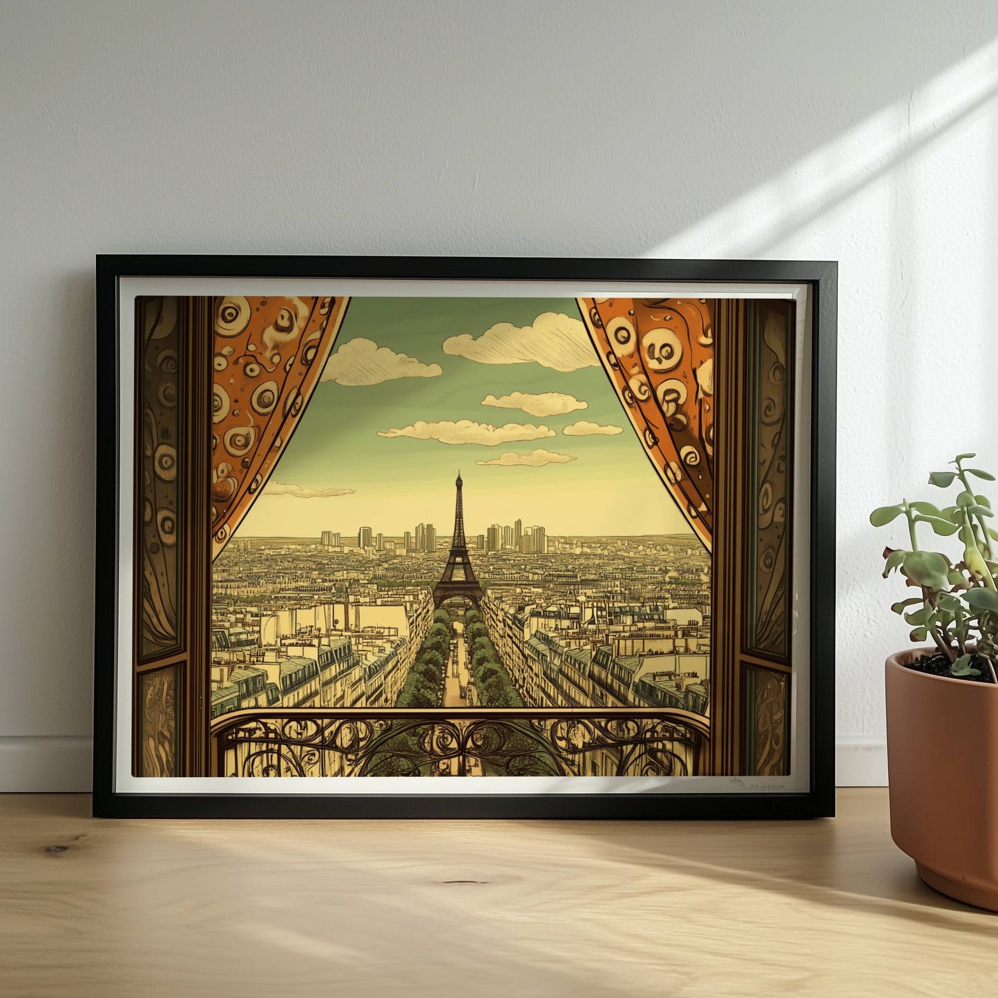 Ausblick vom Balkon mit dekorativen Vorhängen auf die Pariser Skyline und den Eiffelturm, warme Retrofarben und stilvolle Details.. Rahmen schwarz 40x30
