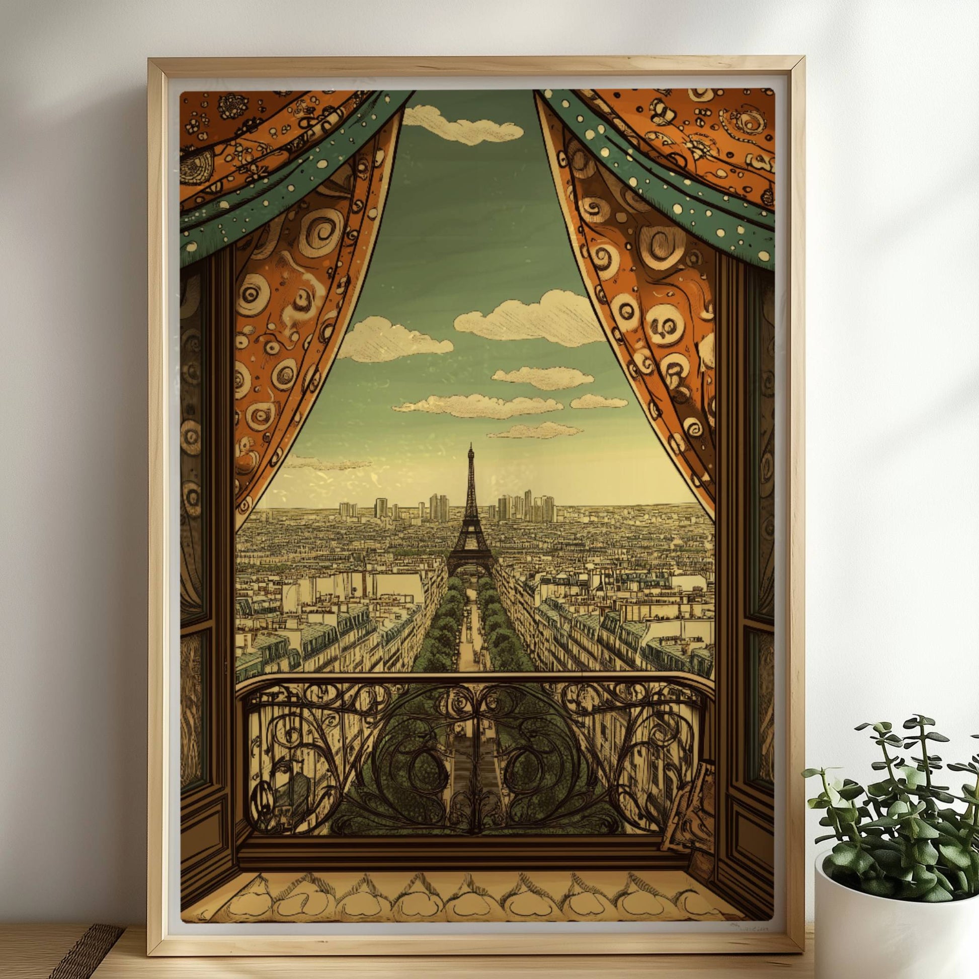 Ausblick vom Balkon mit dekorativen Vorhängen auf die Pariser Skyline und den Eiffelturm, warme Retrofarben und stilvolle Details.. Rahmen natur 50x70