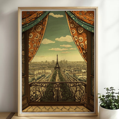 Ausblick vom Balkon mit dekorativen Vorhängen auf die Pariser Skyline und den Eiffelturm, warme Retrofarben und stilvolle Details.. Rahmen natur 50x70