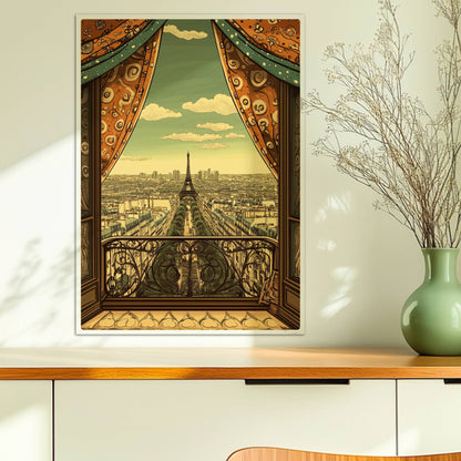 Ausblick vom Balkon mit dekorativen Vorhängen auf die Pariser Skyline und den Eiffelturm, warme Retrofarben und stilvolle Details.. Ohne Rahmen 50x70