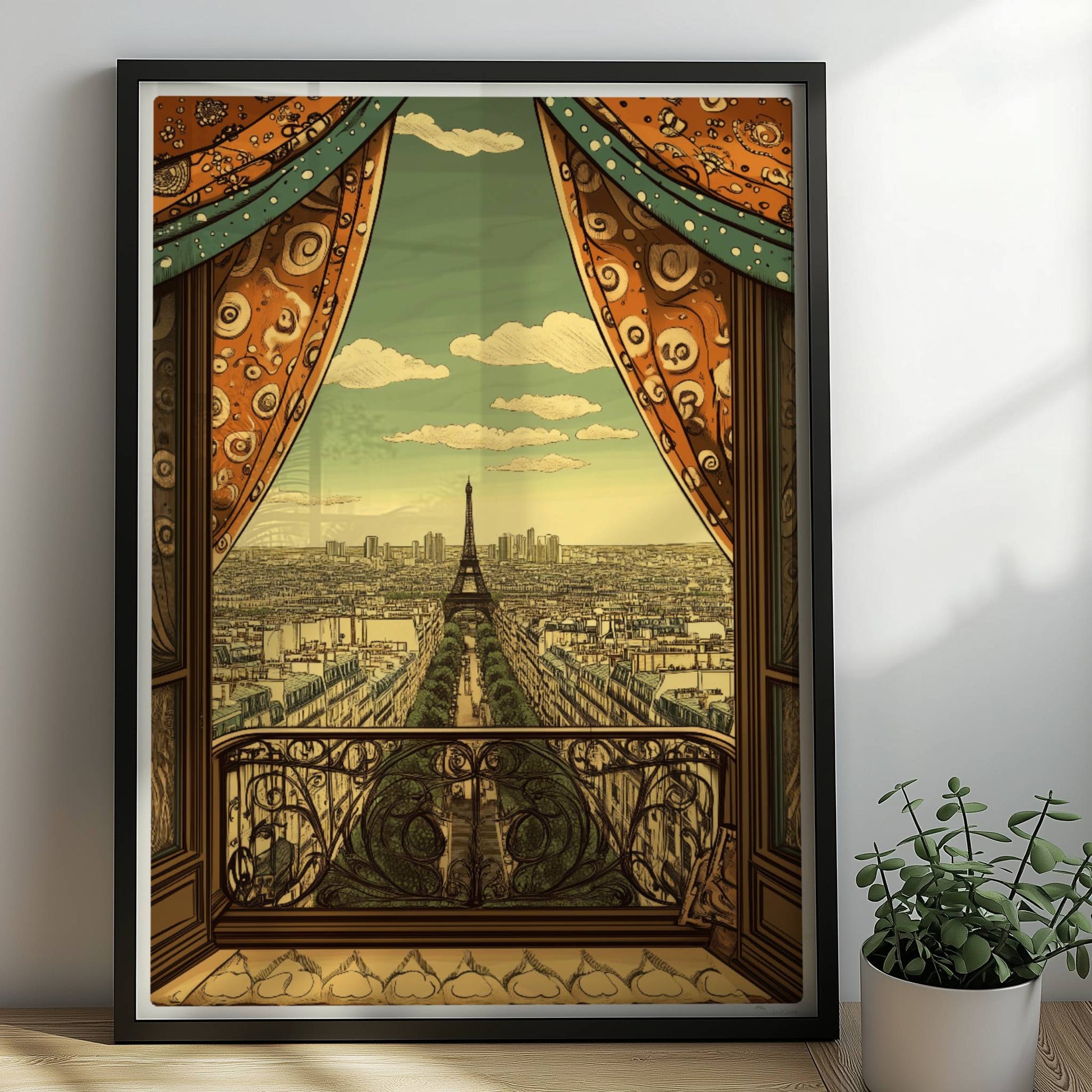 Ausblick vom Balkon mit dekorativen Vorhängen auf die Pariser Skyline und den Eiffelturm, warme Retrofarben und stilvolle Details.. Rahmen schwarz 50x70