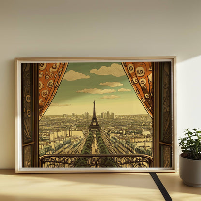 Ausblick vom Balkon mit dekorativen Vorhängen auf die Pariser Skyline und den Eiffelturm, warme Retrofarben und stilvolle Details.. Rahmen natur 70x50