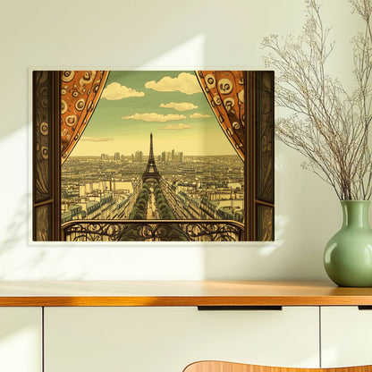 Ausblick vom Balkon mit dekorativen Vorhängen auf die Pariser Skyline und den Eiffelturm, warme Retrofarben und stilvolle Details.. Ohne Rahmen 70x50