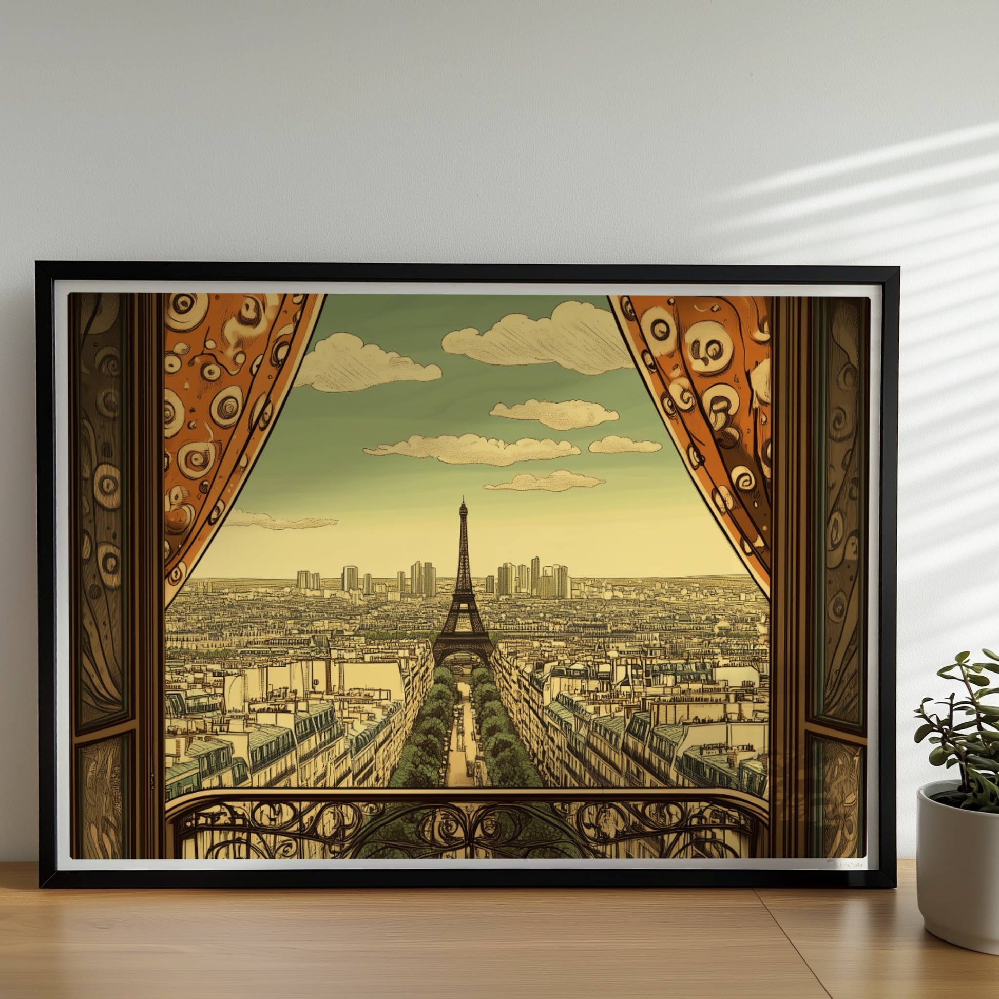 Ausblick vom Balkon mit dekorativen Vorhängen auf die Pariser Skyline und den Eiffelturm, warme Retrofarben und stilvolle Details.. Rahmen schwarz 70x50