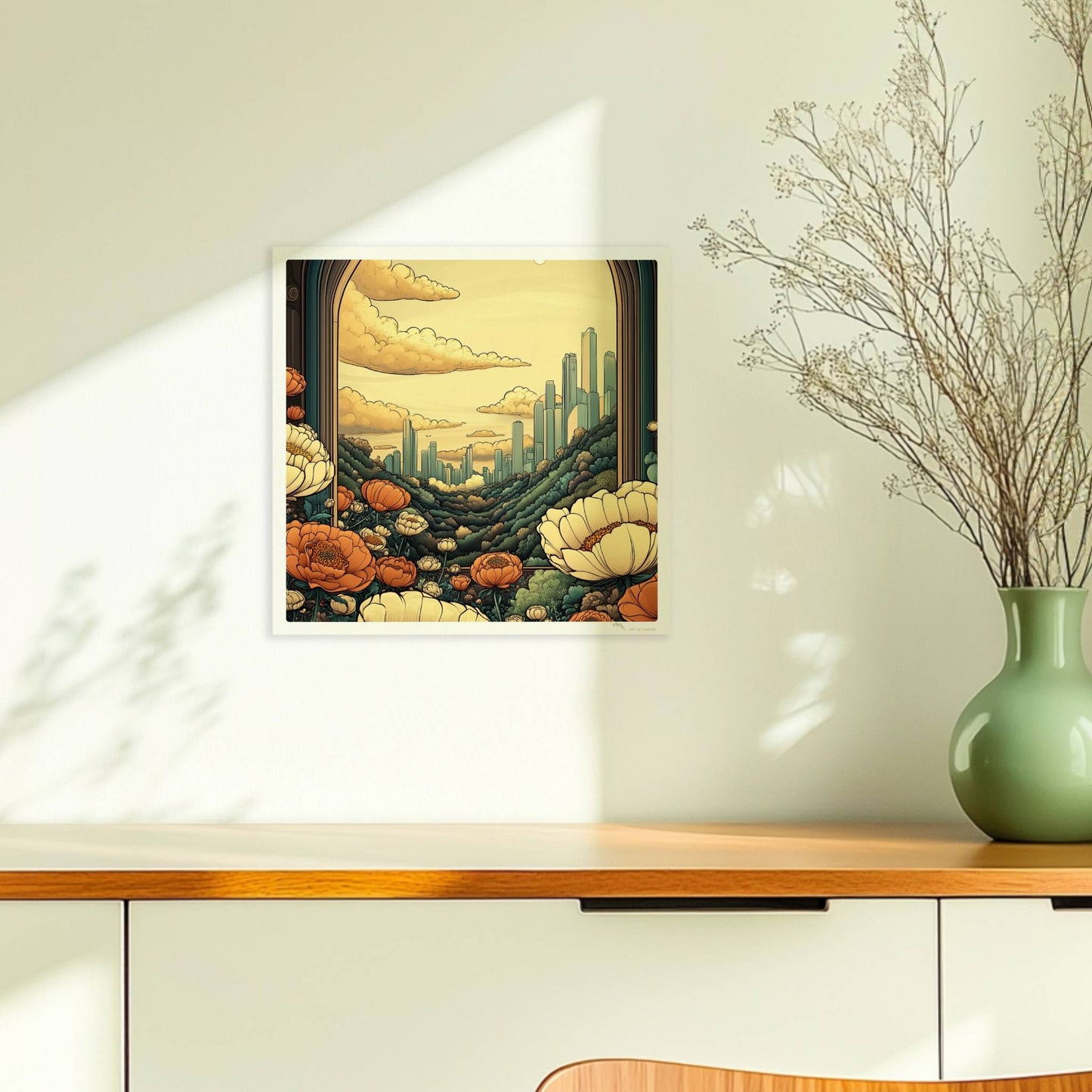 Ausblick durch einen großen Bogen auf futuristische Skyline zwischen bewaldeten Hügeln, Blumenwiese im Vordergrund, warme goldene Farbtöne.. Ohne Rahmen 30x30