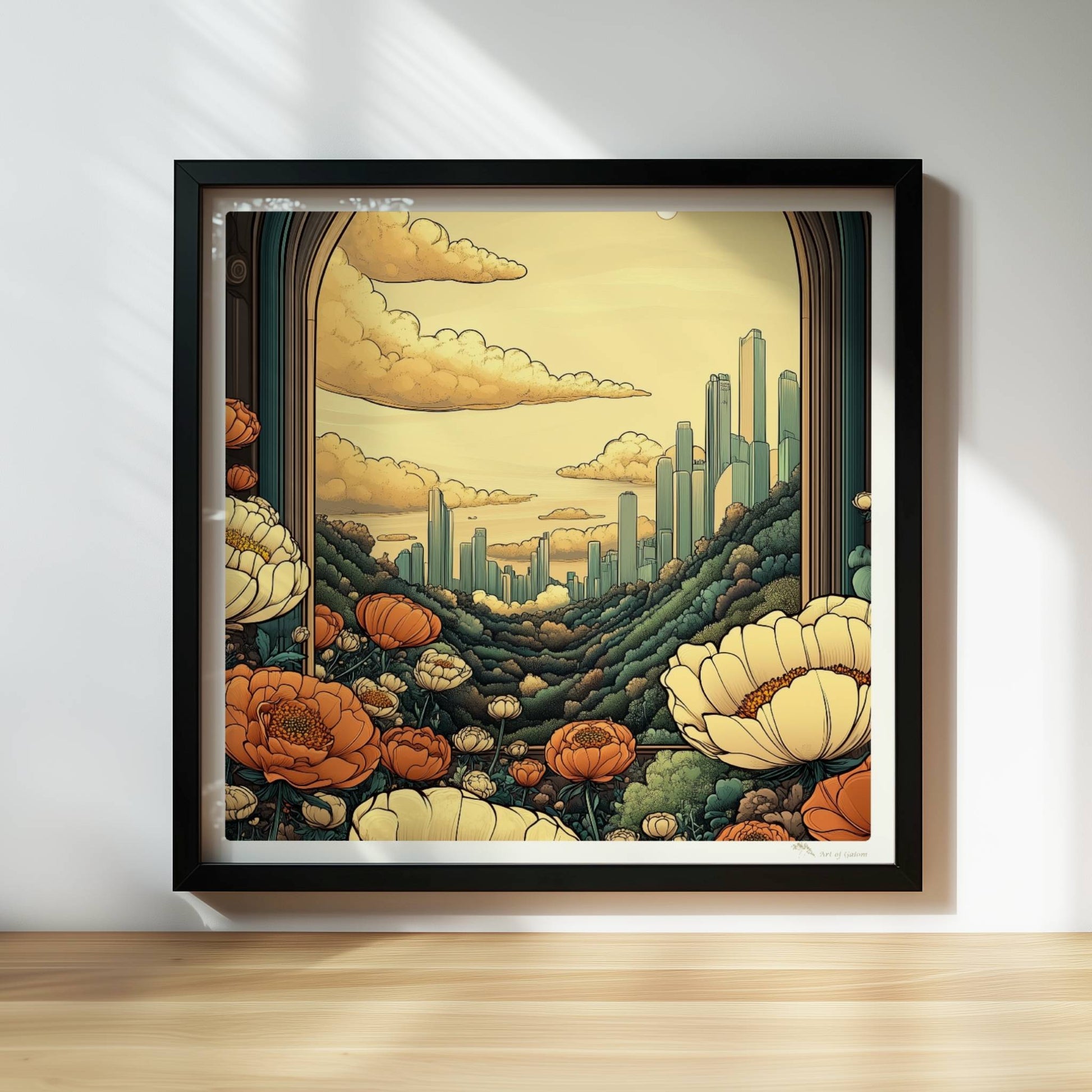 Ausblick durch einen großen Bogen auf futuristische Skyline zwischen bewaldeten Hügeln, Blumenwiese im Vordergrund, warme goldene Farbtöne.. Rahmen schwarz 30x30