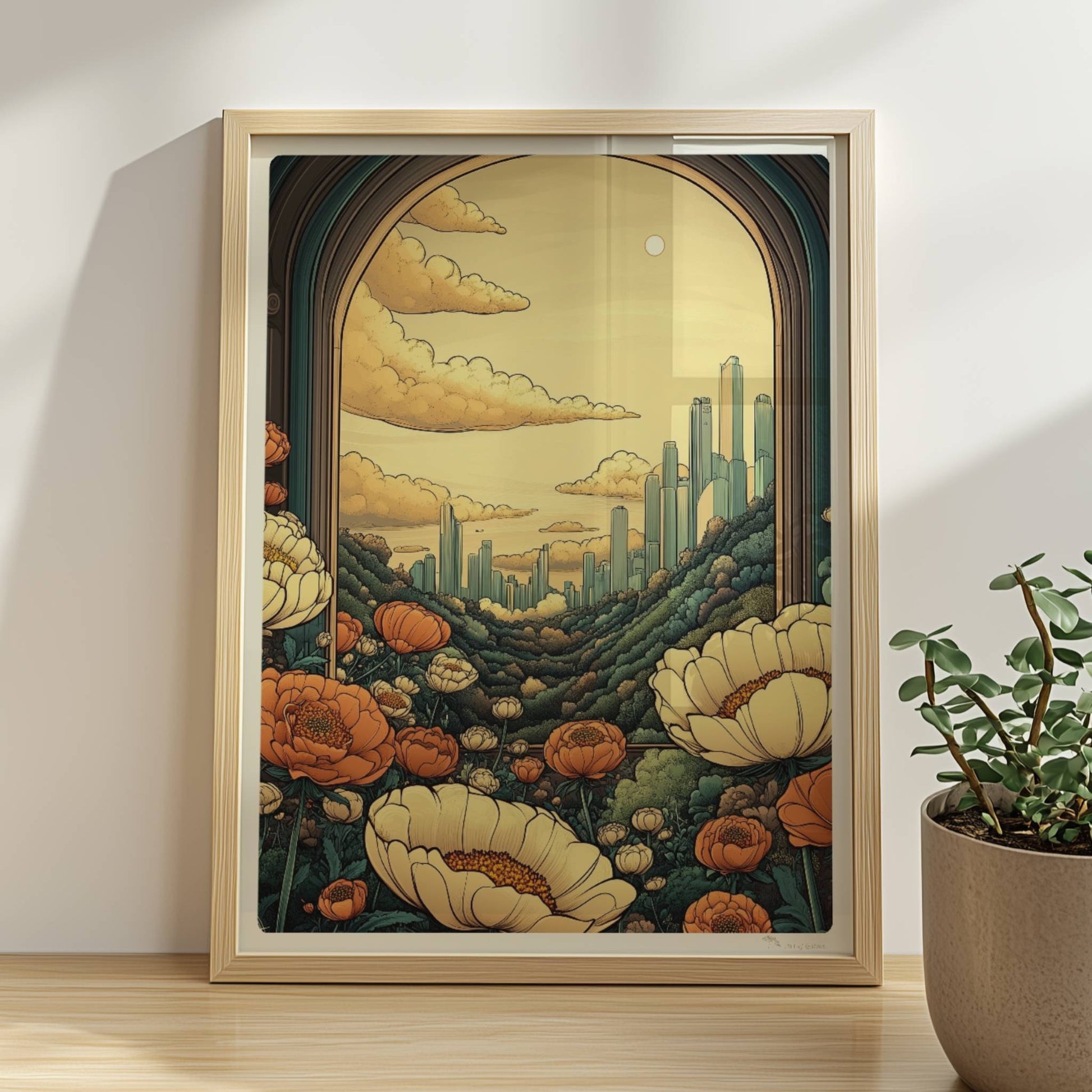 Ausblick durch einen großen Bogen auf futuristische Skyline zwischen bewaldeten Hügeln, Blumenwiese im Vordergrund, warme goldene Farbtöne.. Rahmen natur 30x40