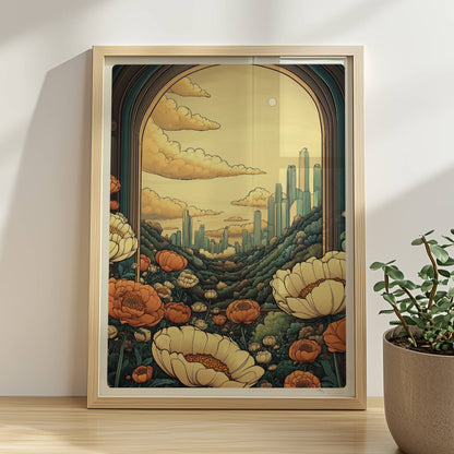 Ausblick durch einen großen Bogen auf futuristische Skyline zwischen bewaldeten Hügeln, Blumenwiese im Vordergrund, warme goldene Farbtöne.. Rahmen natur 30x40