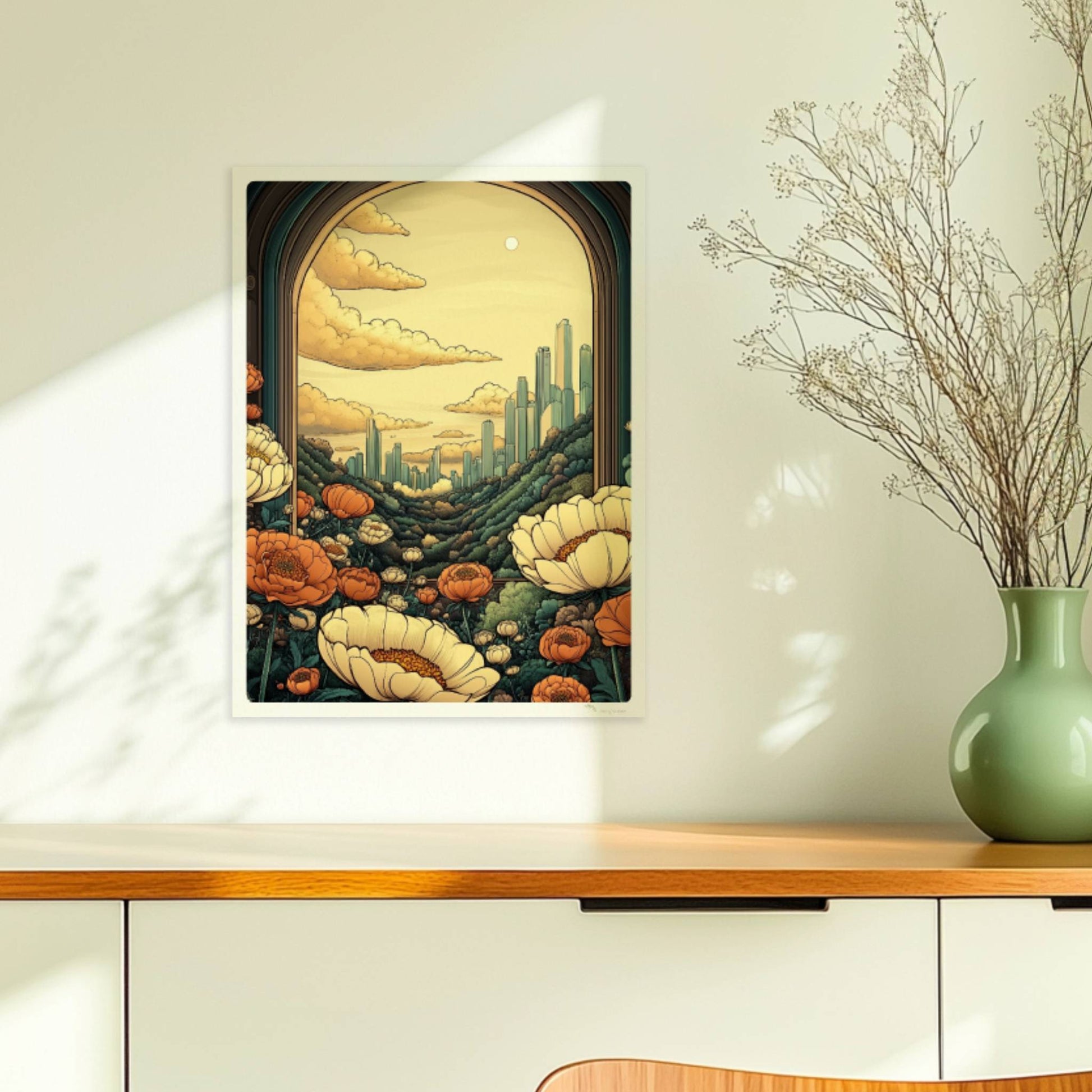 Ausblick durch einen großen Bogen auf futuristische Skyline zwischen bewaldeten Hügeln, Blumenwiese im Vordergrund, warme goldene Farbtöne.. Ohne Rahmen 30x40