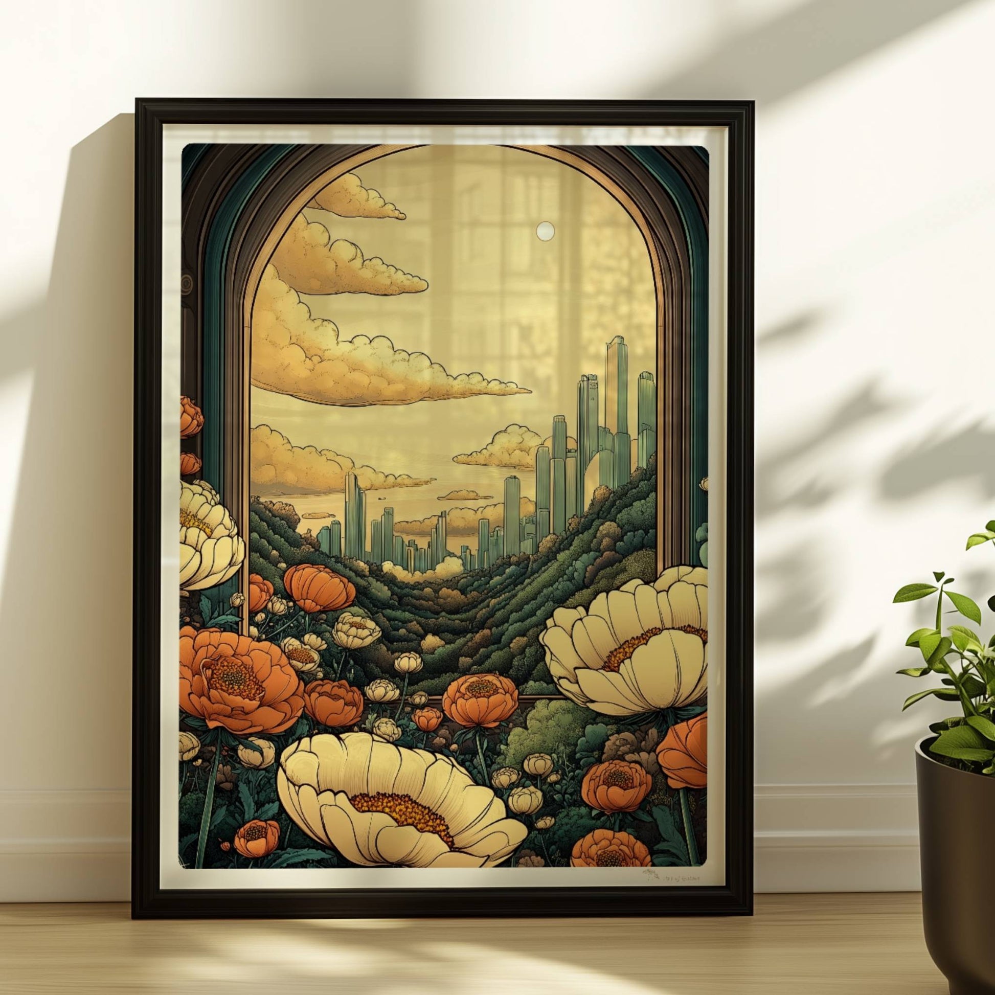 Ausblick durch einen großen Bogen auf futuristische Skyline zwischen bewaldeten Hügeln, Blumenwiese im Vordergrund, warme goldene Farbtöne.. Rahmen schwarz 30x40