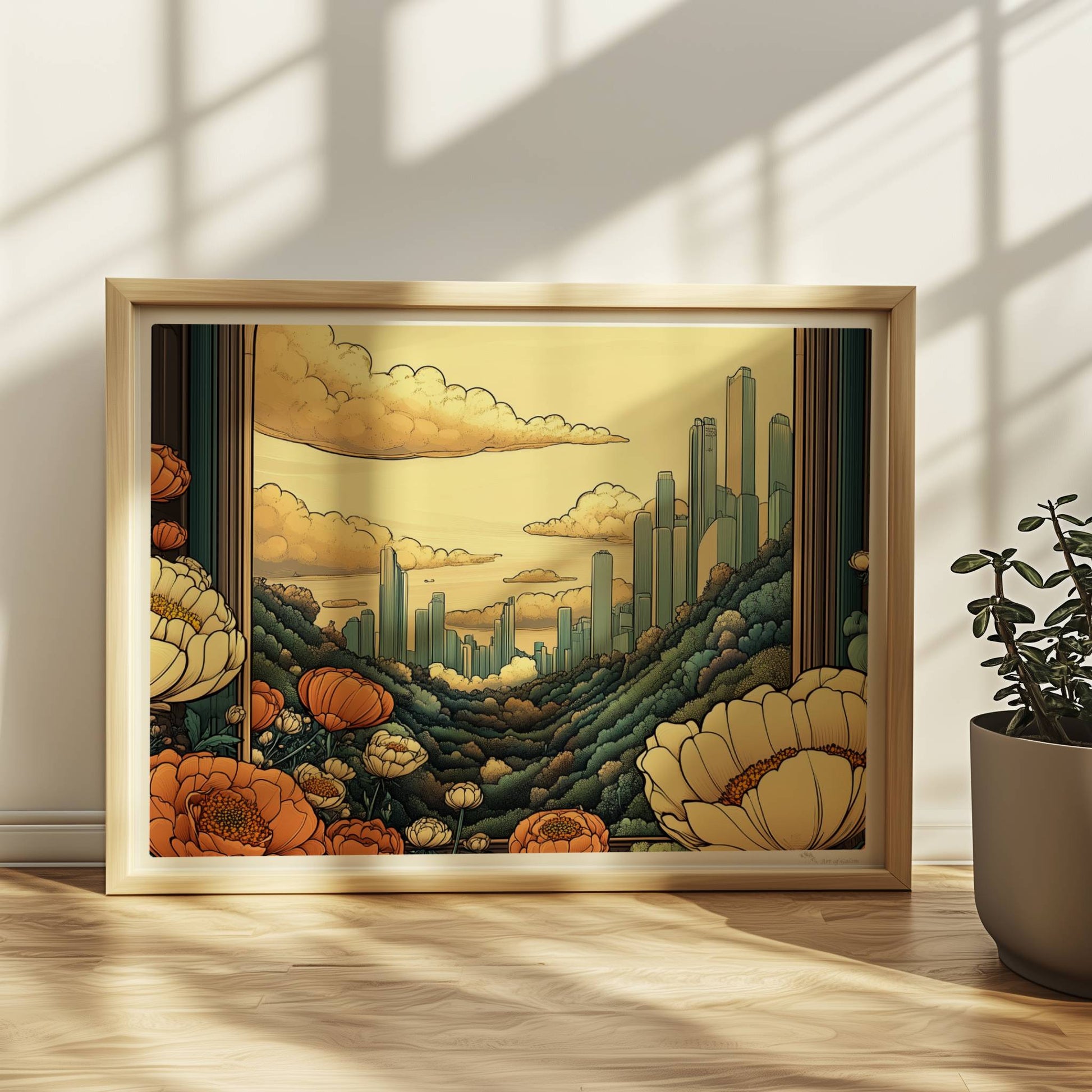 Ausblick durch einen großen Bogen auf futuristische Skyline zwischen bewaldeten Hügeln, Blumenwiese im Vordergrund, warme goldene Farbtöne.. Rahmen natur 40x30
