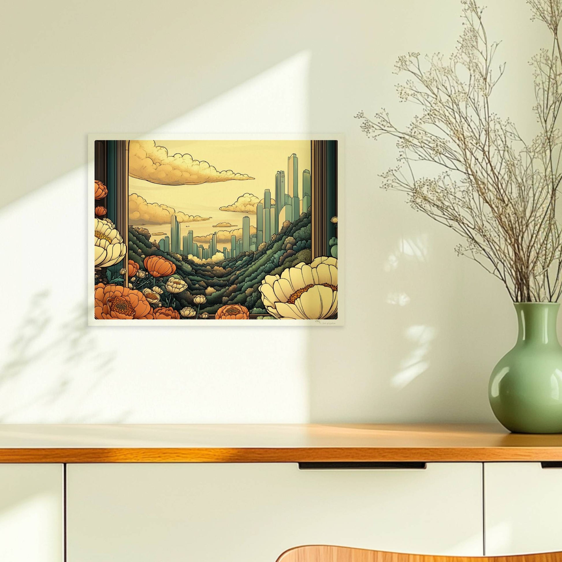 Ausblick durch einen großen Bogen auf futuristische Skyline zwischen bewaldeten Hügeln, Blumenwiese im Vordergrund, warme goldene Farbtöne.. Ohne Rahmen 40x30