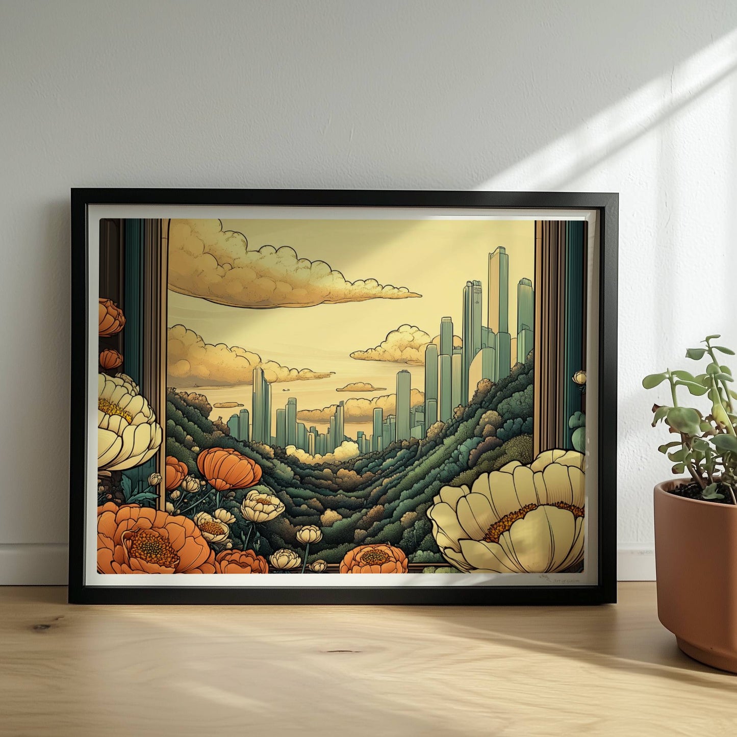 Ausblick durch einen großen Bogen auf futuristische Skyline zwischen bewaldeten Hügeln, Blumenwiese im Vordergrund, warme goldene Farbtöne.. Rahmen schwarz 40x30