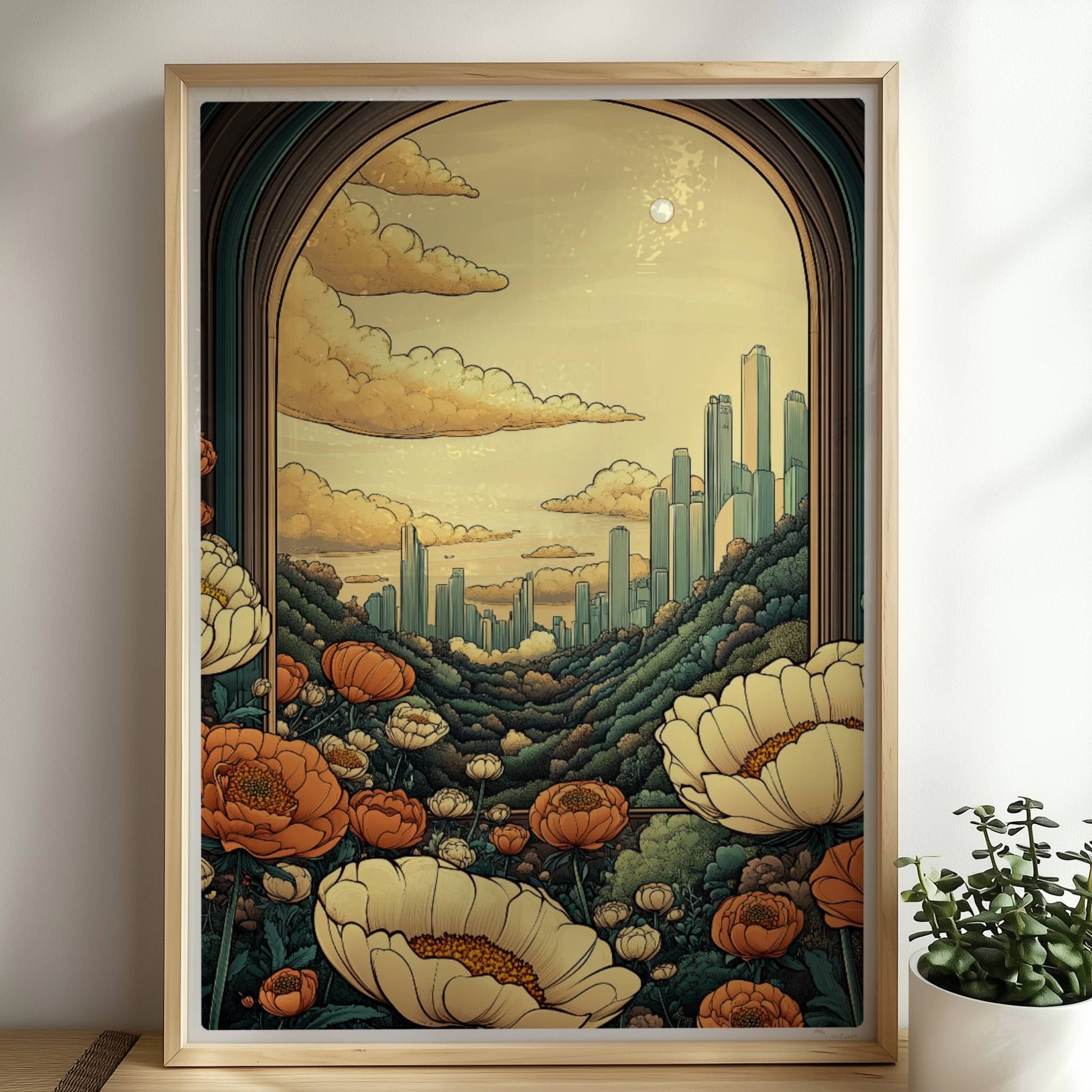 Ausblick durch einen großen Bogen auf futuristische Skyline zwischen bewaldeten Hügeln, Blumenwiese im Vordergrund, warme goldene Farbtöne.. Rahmen natur 50x70