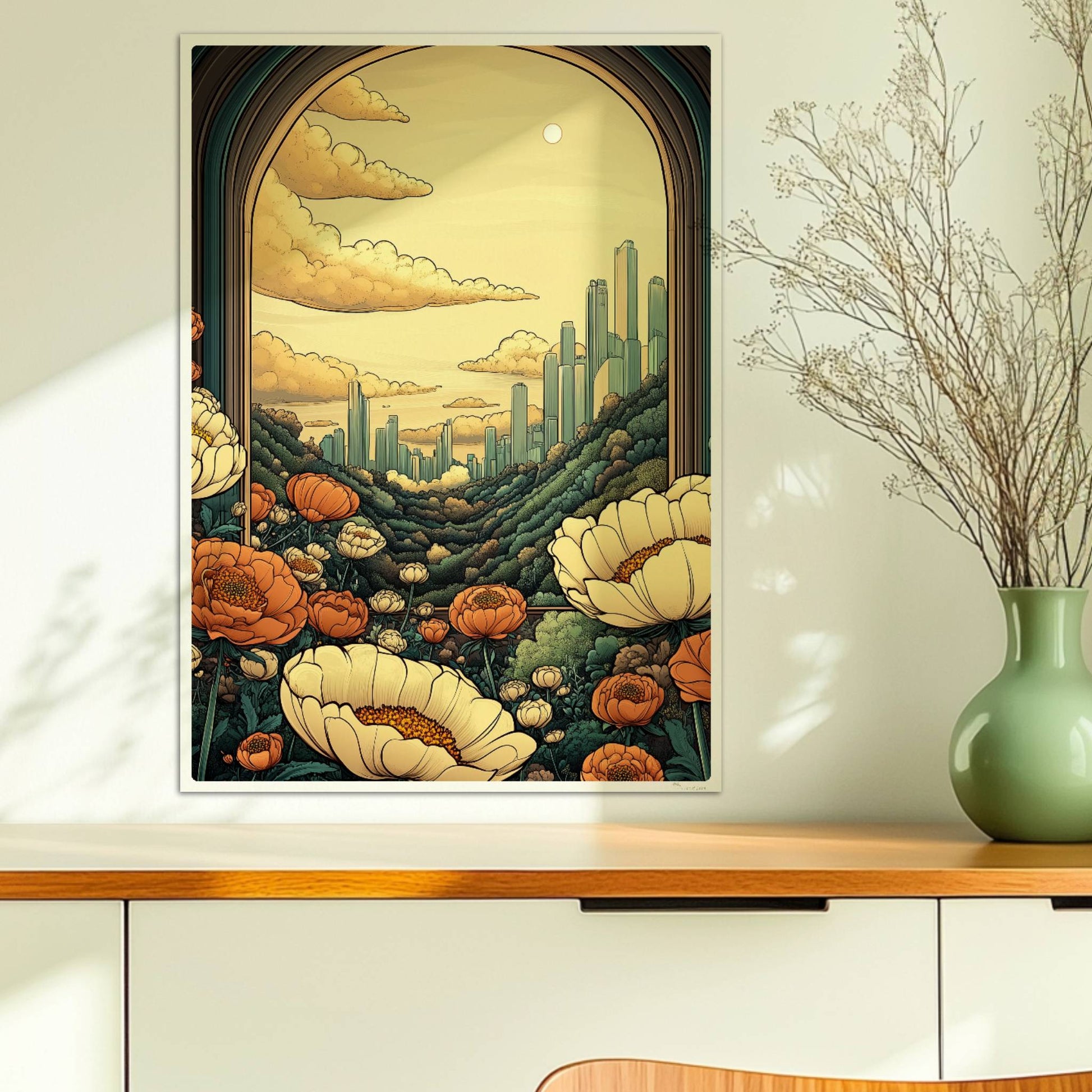 Ausblick durch einen großen Bogen auf futuristische Skyline zwischen bewaldeten Hügeln, Blumenwiese im Vordergrund, warme goldene Farbtöne.. Ohne Rahmen 50x70