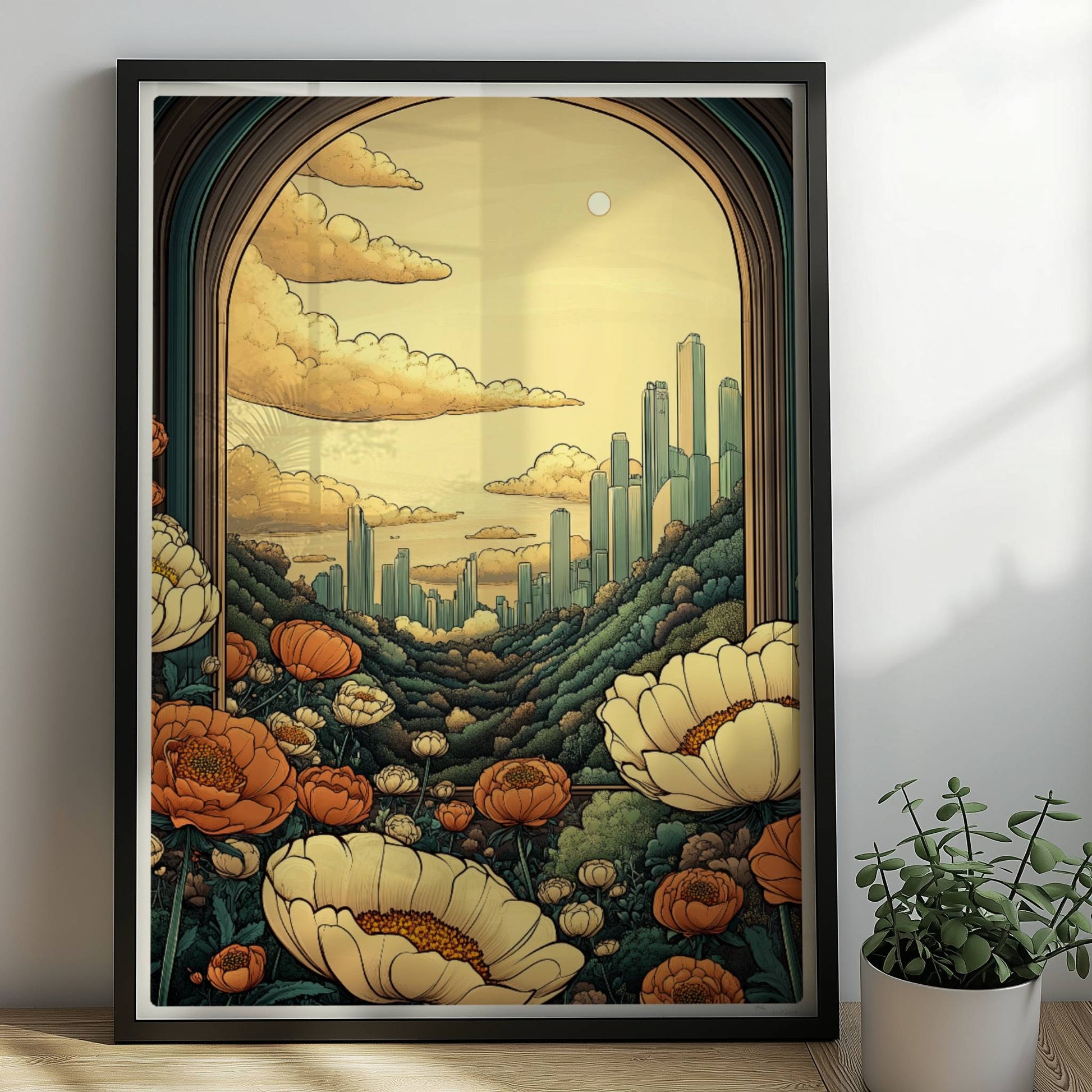 Ausblick durch einen großen Bogen auf futuristische Skyline zwischen bewaldeten Hügeln, Blumenwiese im Vordergrund, warme goldene Farbtöne.. Rahmen schwarz 50x70